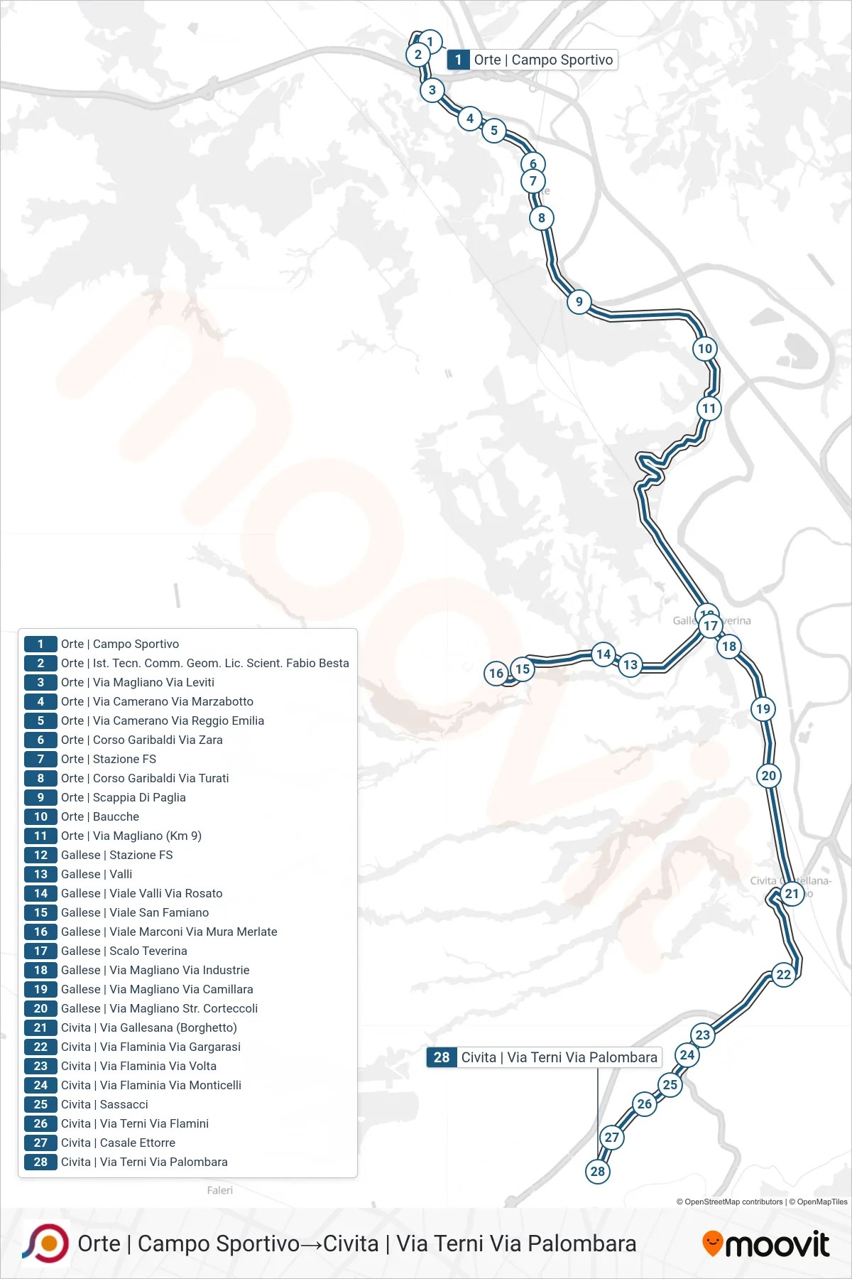 COTRAL bus Line (Orte Sports Field→Civita via Terni via Palombara) route and stops on a map