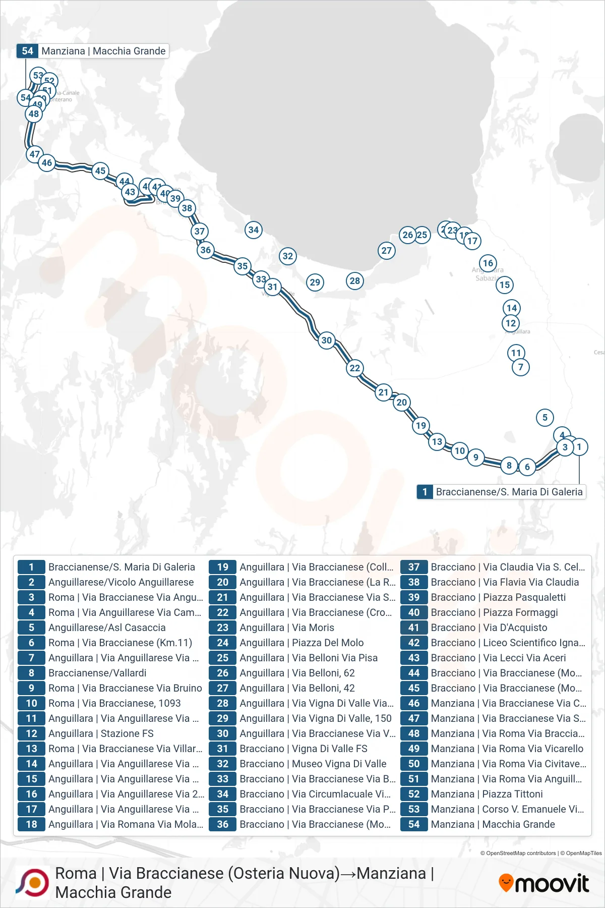 Linea COTRAL bus (Roma | Via Braccianese (Osteria Nuova)→Manziana | Macchia Grande) - Percorsi e fermate sulla mappa