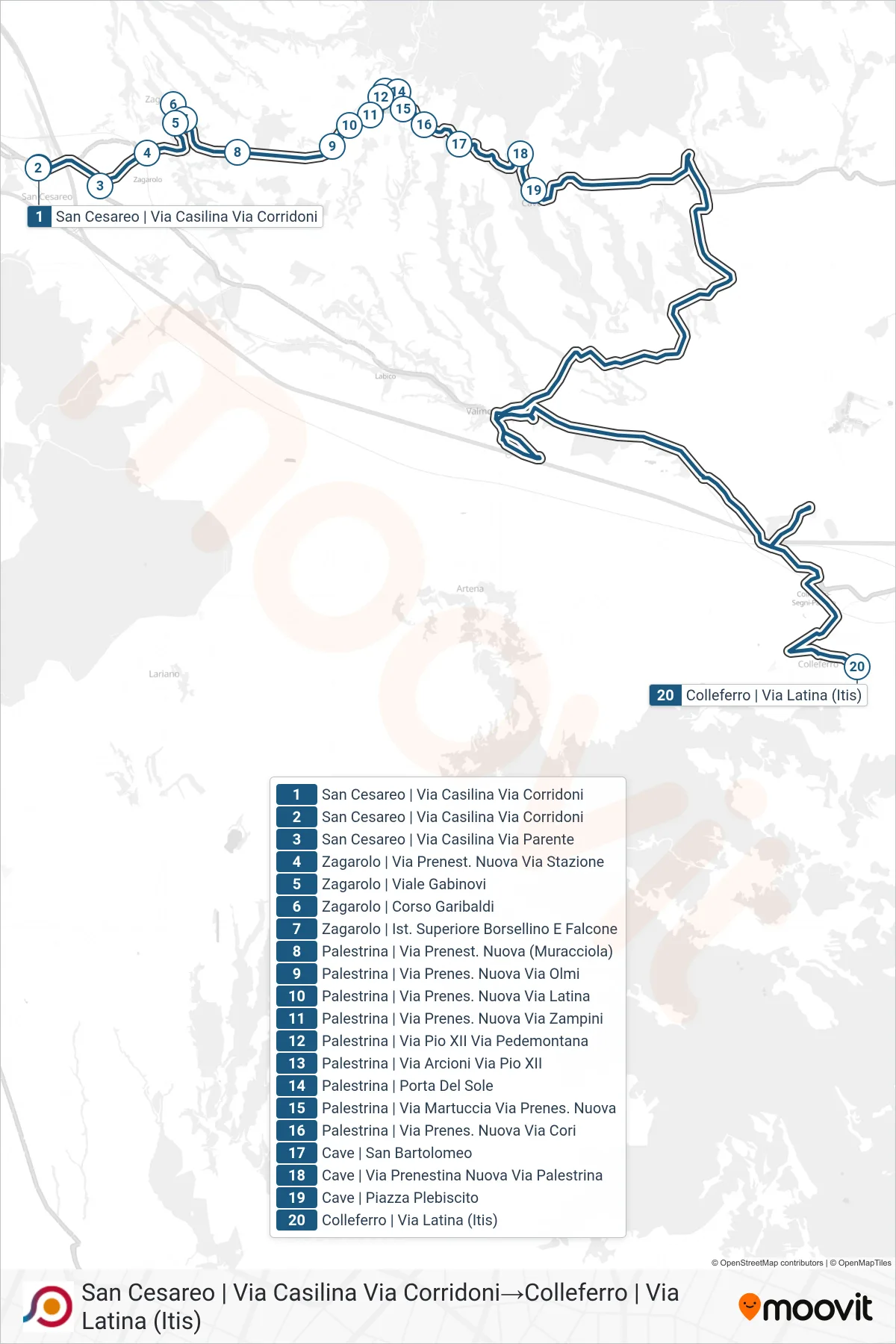 Linea COTRAL bus (San Cesareo | Via Casilina Via Corridoni→Colleferro | Via Latina (Itis)) - Percorsi e fermate sulla mappa