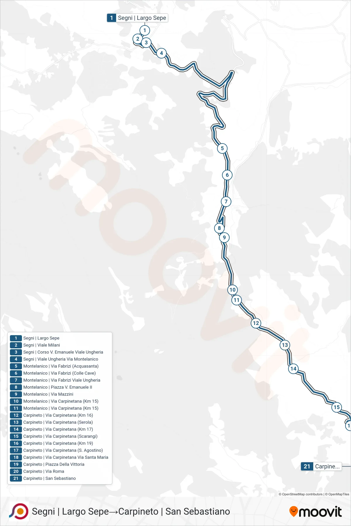 Linea COTRAL bus (Segni | Largo Sepe→Carpineto | San Sebastiano) - Percorsi e fermate sulla mappa