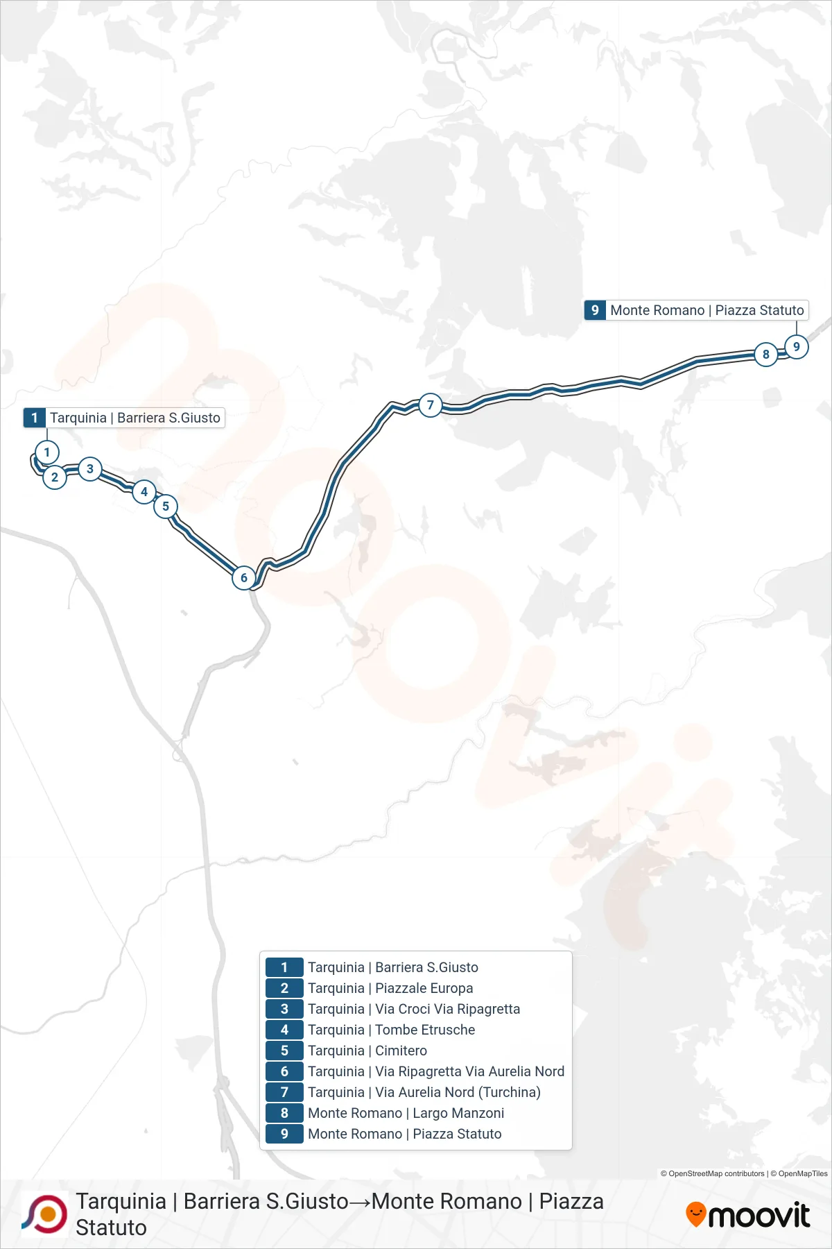 Linea COTRAL  bus (Tarquinia | Barriera S.Giusto‎→Monte Romano | Piazza Statuto) - Percorsi e fermate sulla mappa