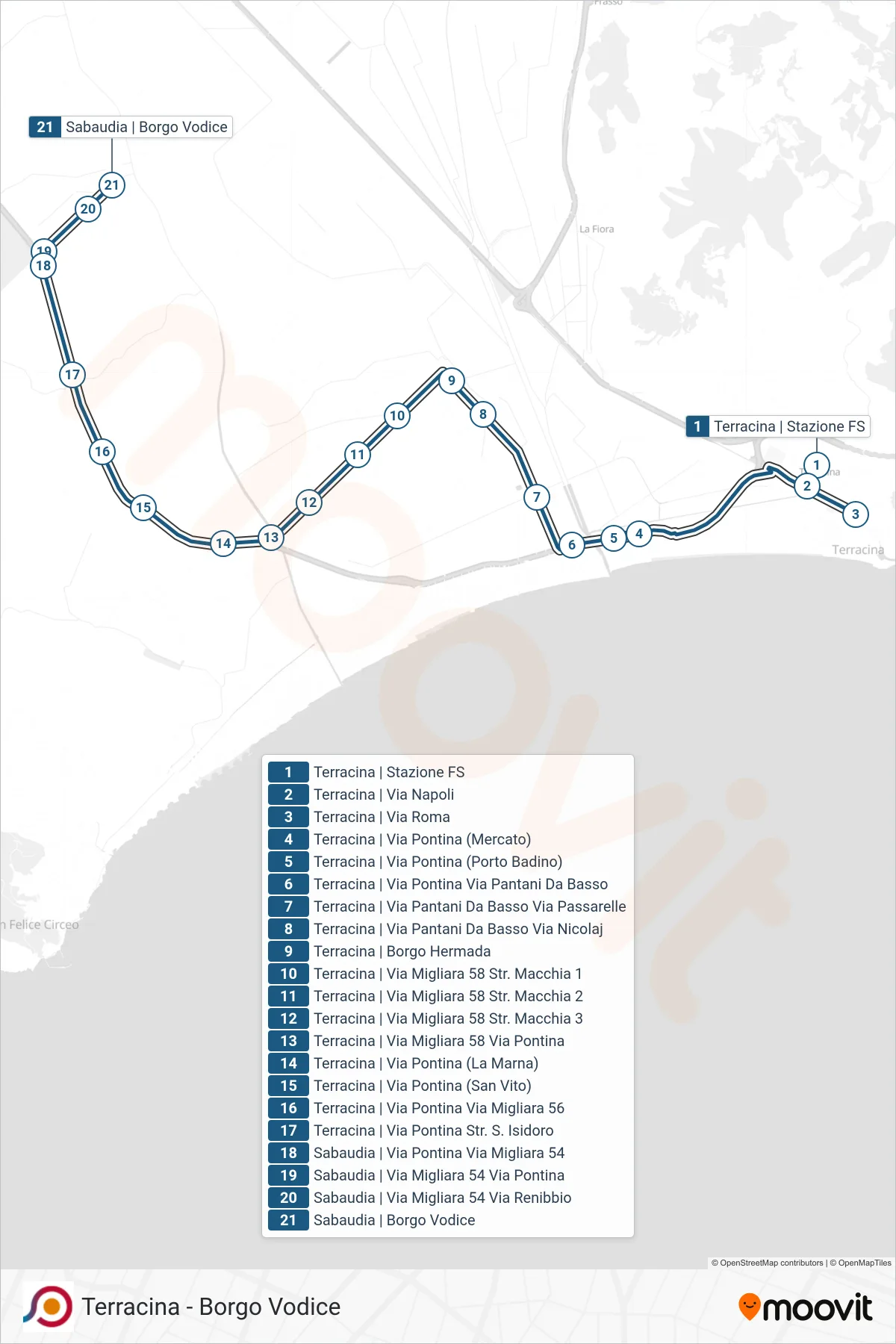Linea COTRAL bus (Terracina | Stazione FS→Sabaudia | Borgo Vodice) - Percorsi e fermate sulla mappa