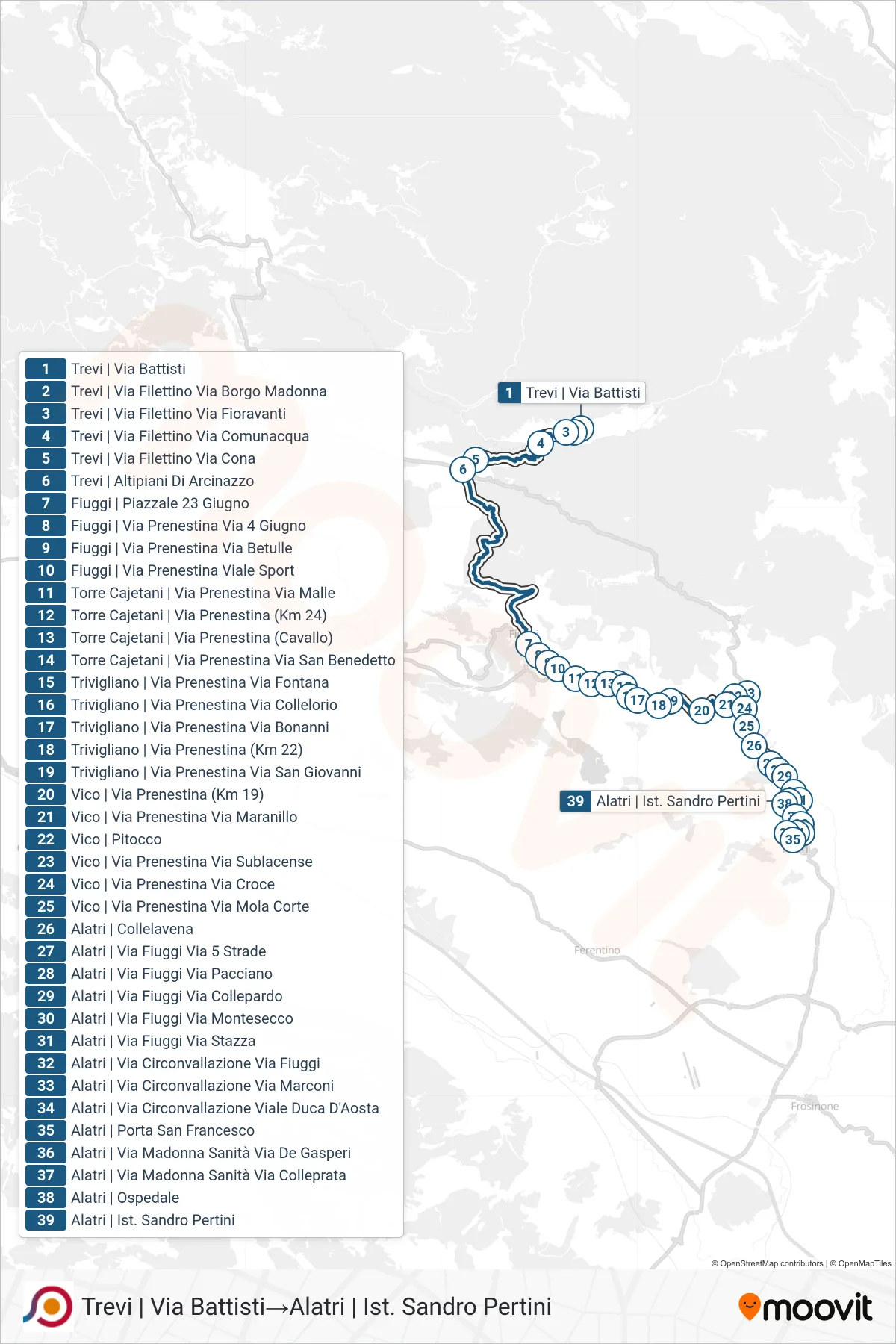 Linea COTRAL bus (Trevi | Via Battisti→Alatri | Ist. Sandro Pertini) - Percorsi e fermate sulla mappa