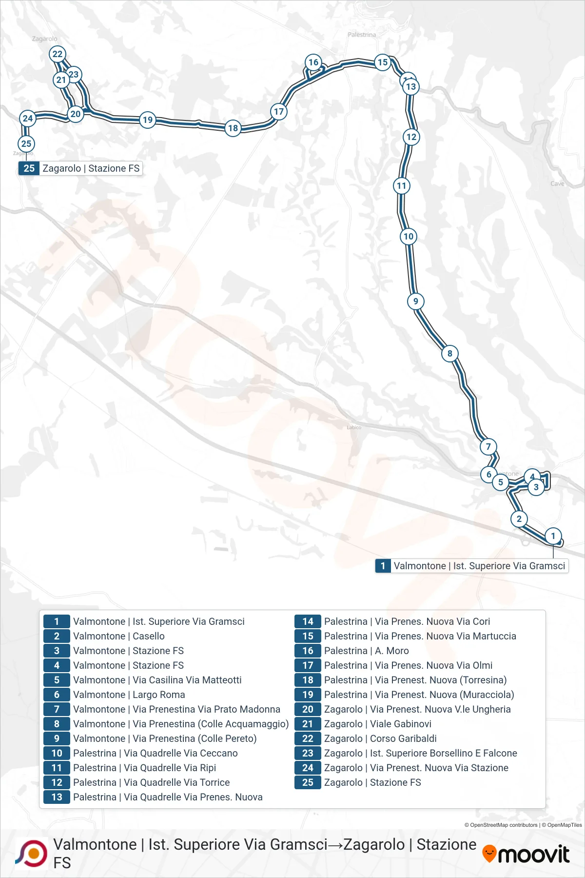 Linea COTRAL bus (Valmontone | Ist. Superiore Via Gramsci→Zagarolo | Stazione FS) - Percorsi e fermate sulla mappa