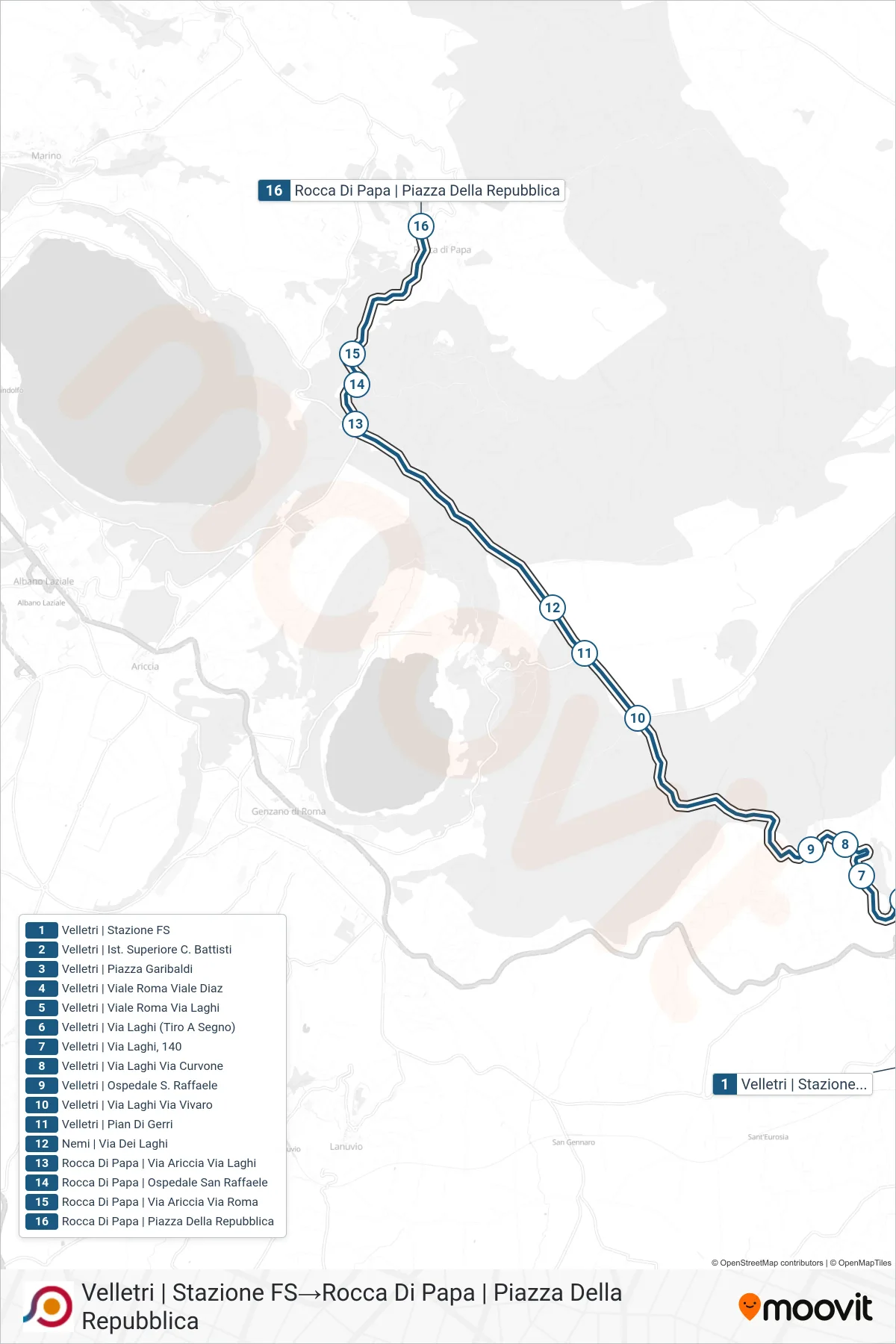 Linea COTRAL bus (Velletri | Stazione FS→Rocca Di Papa | Piazza Della Repubblica) - Percorsi e fermate sulla mappa