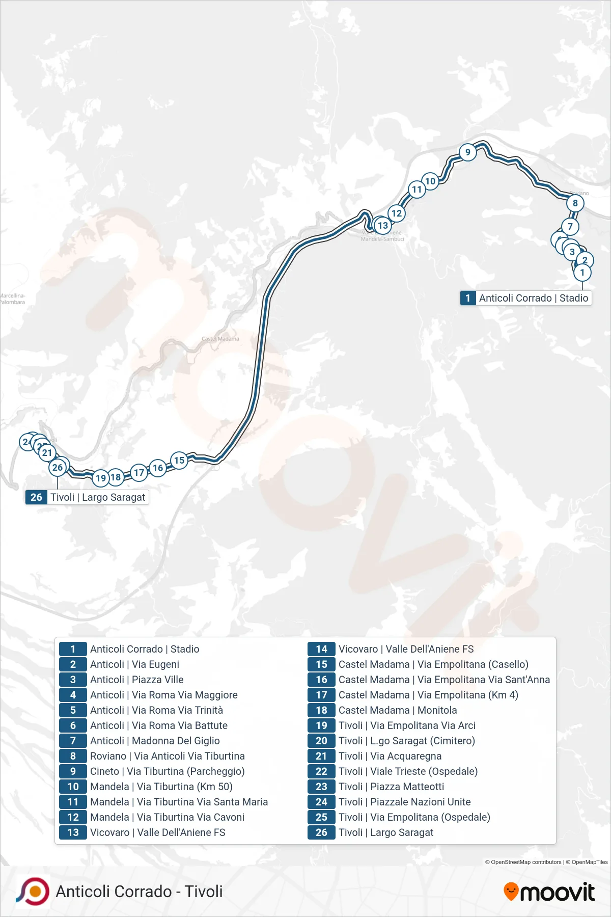 Linea COTRAL bus (Anticoli Corrado | Stadio→Tivoli | Largo Saragat) - Percorsi e fermate sulla mappa