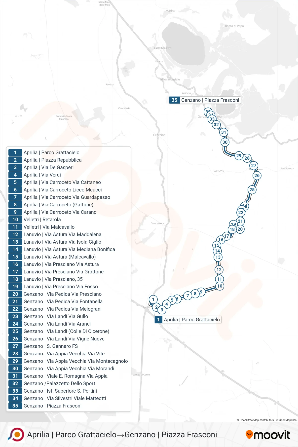 Linea COTRAL  bus (Aprilia | Parco Grattacielo‎→Genzano | Piazza Frasconi) - Percorsi e fermate sulla mappa