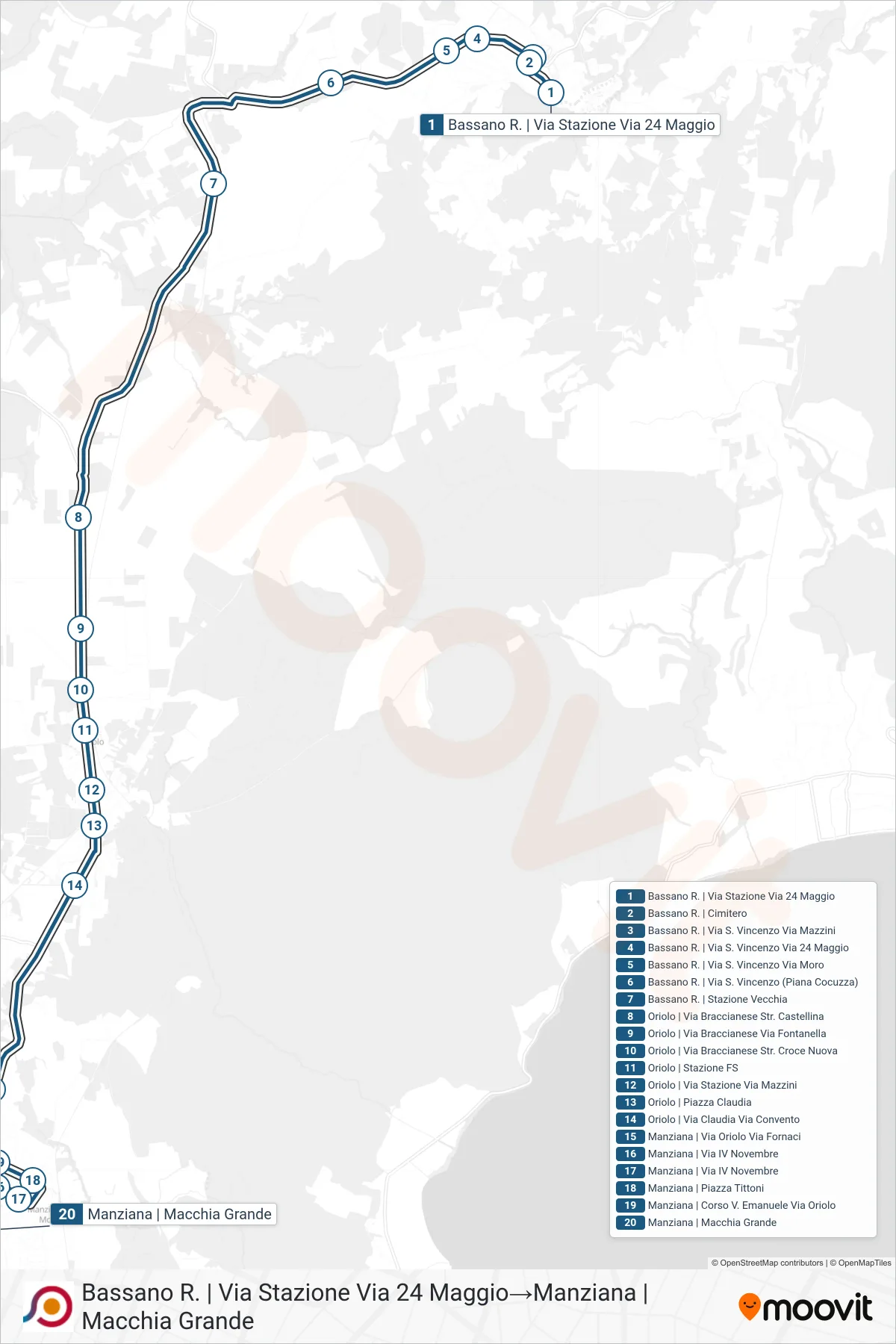 Linea COTRAL bus (Bassano R. | Via Stazione Via 24 Maggio→Manziana | Macchia Grande) - Percorsi e fermate sulla mappa