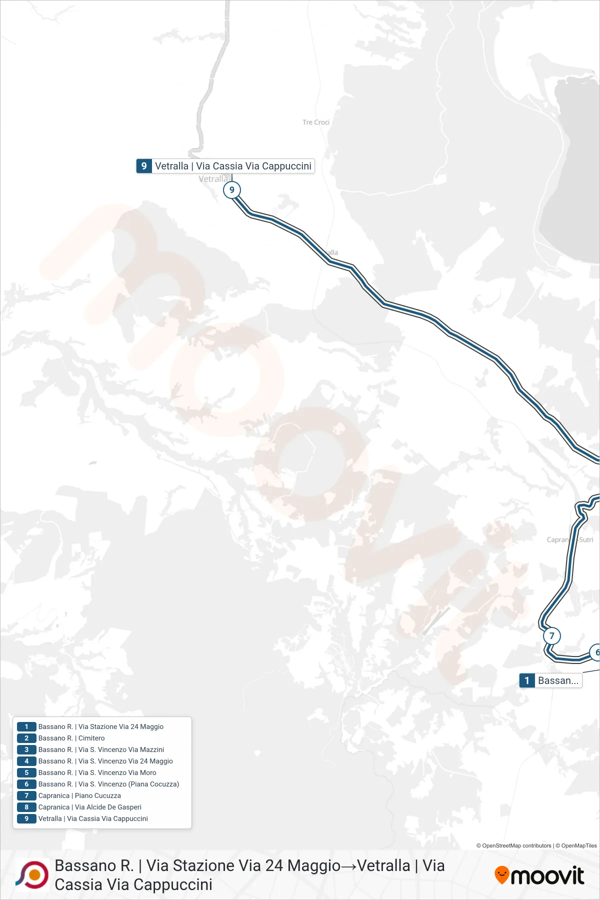 Linea COTRAL  bus (Bassano R. | Via Stazione Via 24 Maggio‎→Vetralla | Via Cassia Via Cappuccini) - Percorsi e fermate sulla mappa