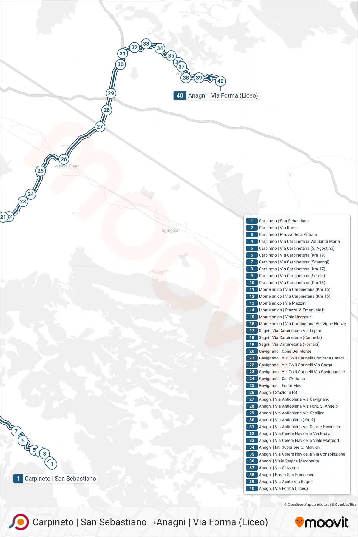 Linea COTRAL bus (Carpineto | San Sebastiano→Anagni | Via Forma (Liceo)) - Percorsi e fermate sulla mappa