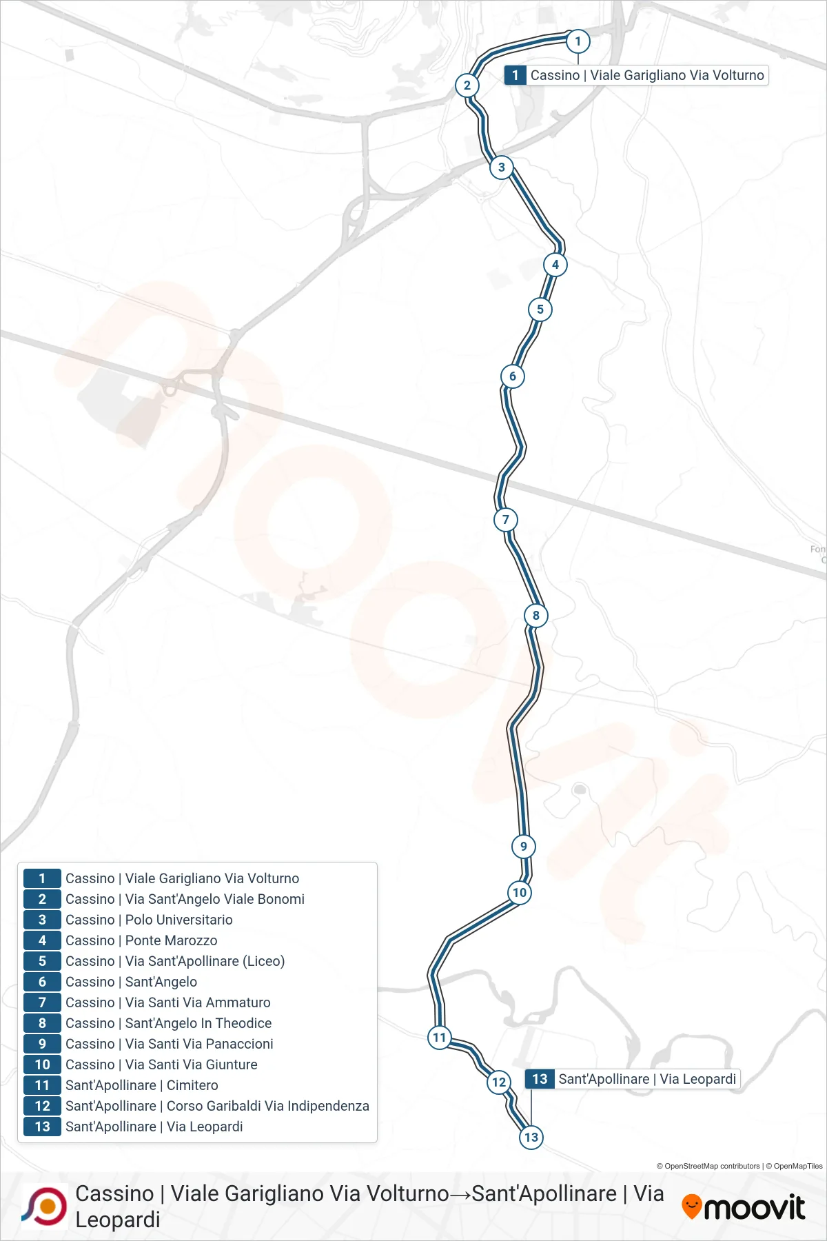 Linea COTRAL  bus (Cassino | Viale Garigliano Via Volturno‎→Sant'Apollinare | Via Leopardi) - Percorsi e fermate sulla mappa