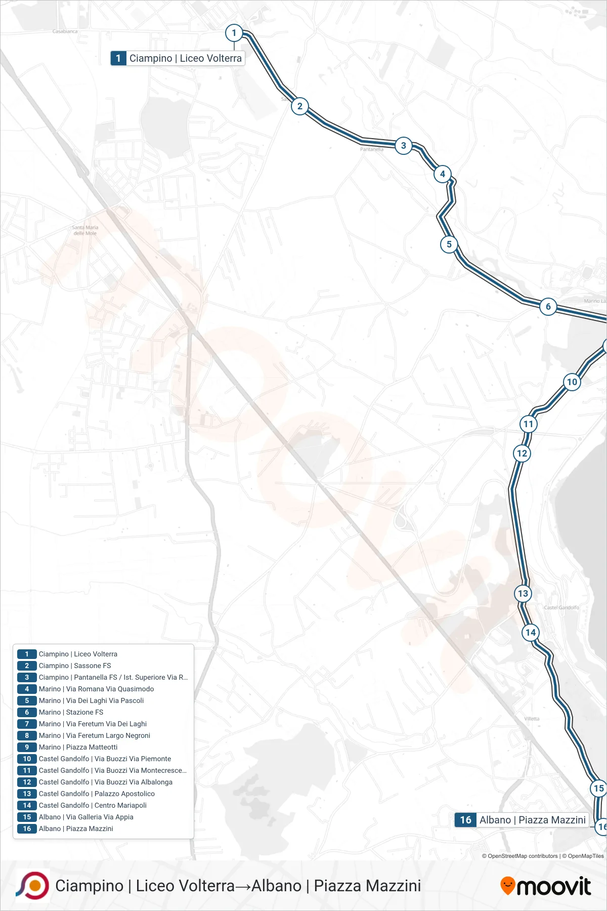 Linea COTRAL bus (Ciampino | Liceo Volterra→Albano | Piazza Mazzini) - Percorsi e fermate sulla mappa