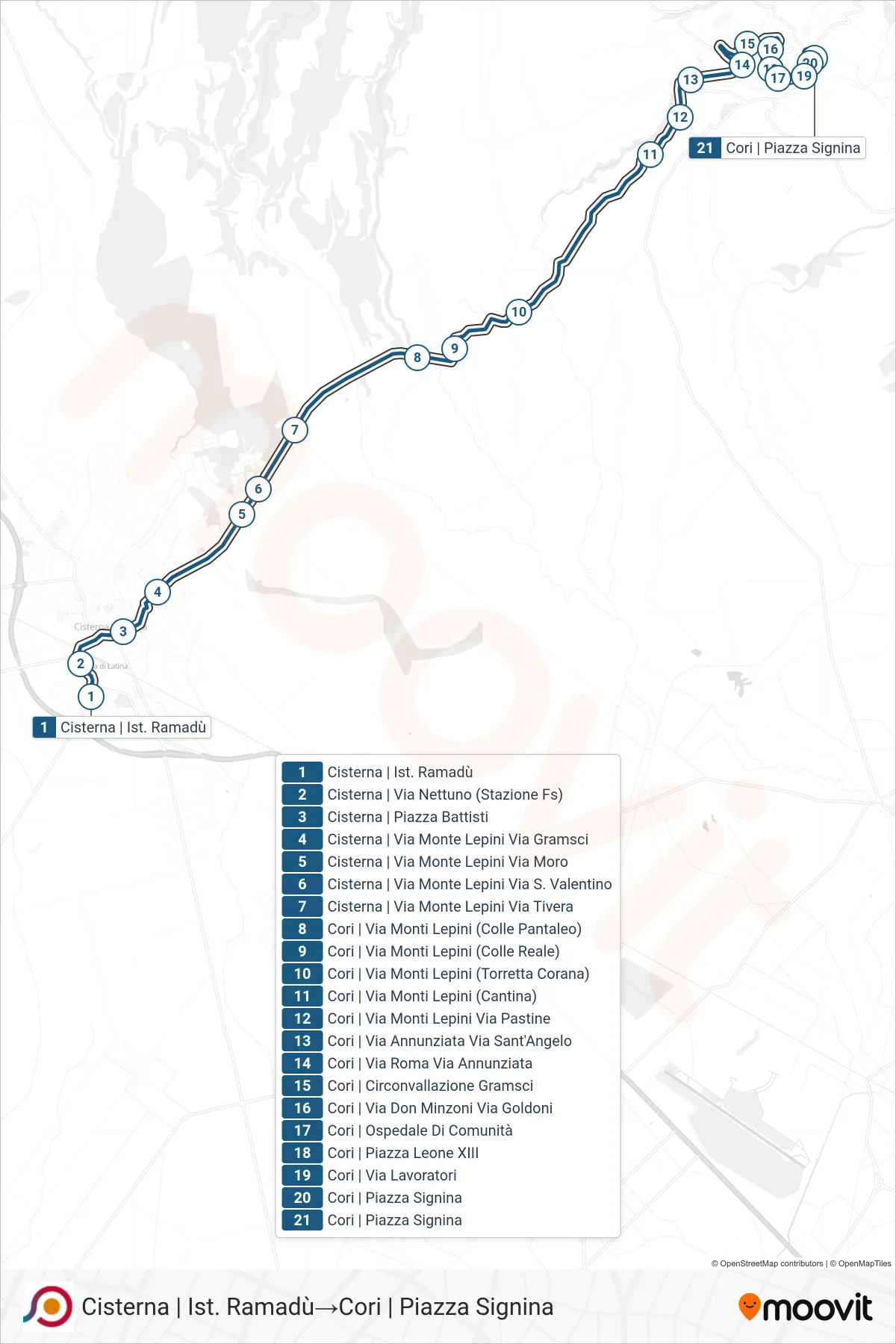 Linea COTRAL bus (Cisterna | Ist. Ramadù→Cori | Piazza Signina) - Percorsi e fermate sulla mappa