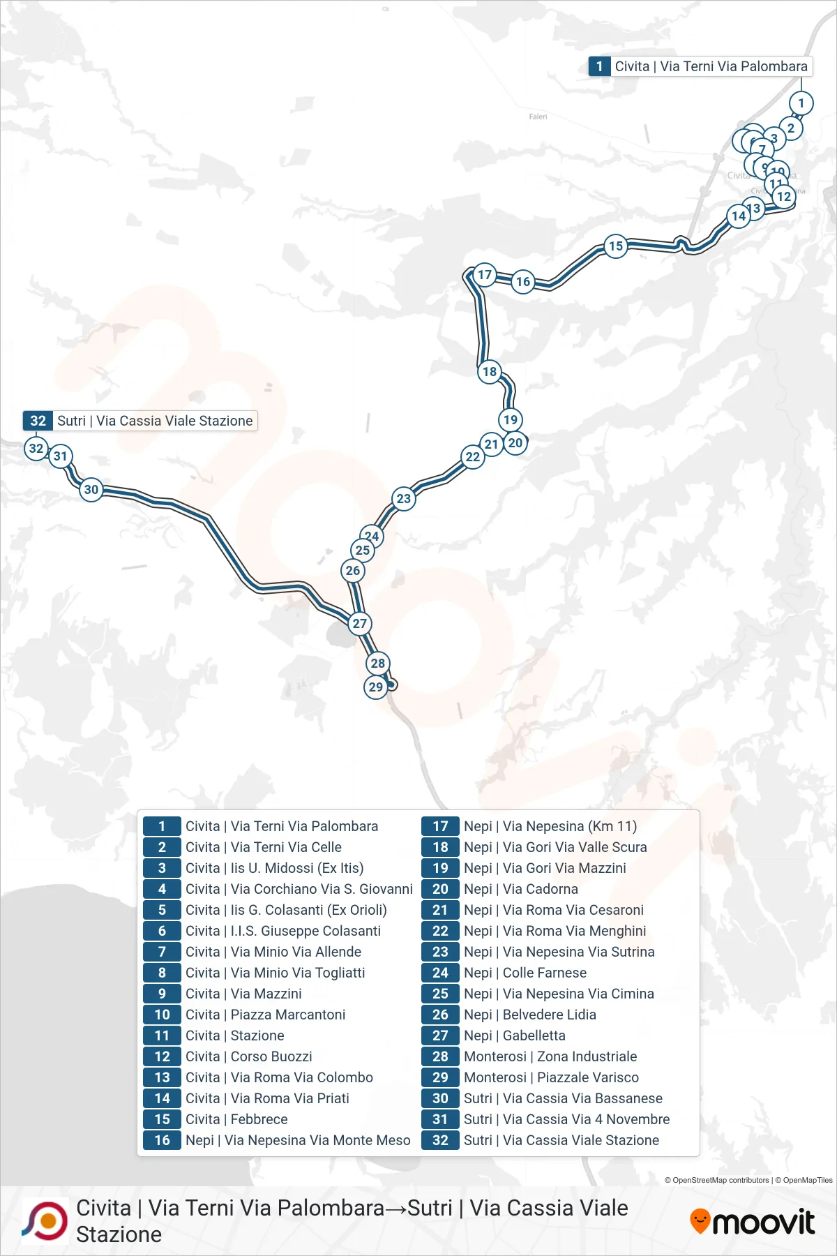 Linea COTRAL bus (Civita | Via Terni Via Palombara→Sutri | Via Cassia Viale Stazione) - Percorsi e fermate sulla mappa