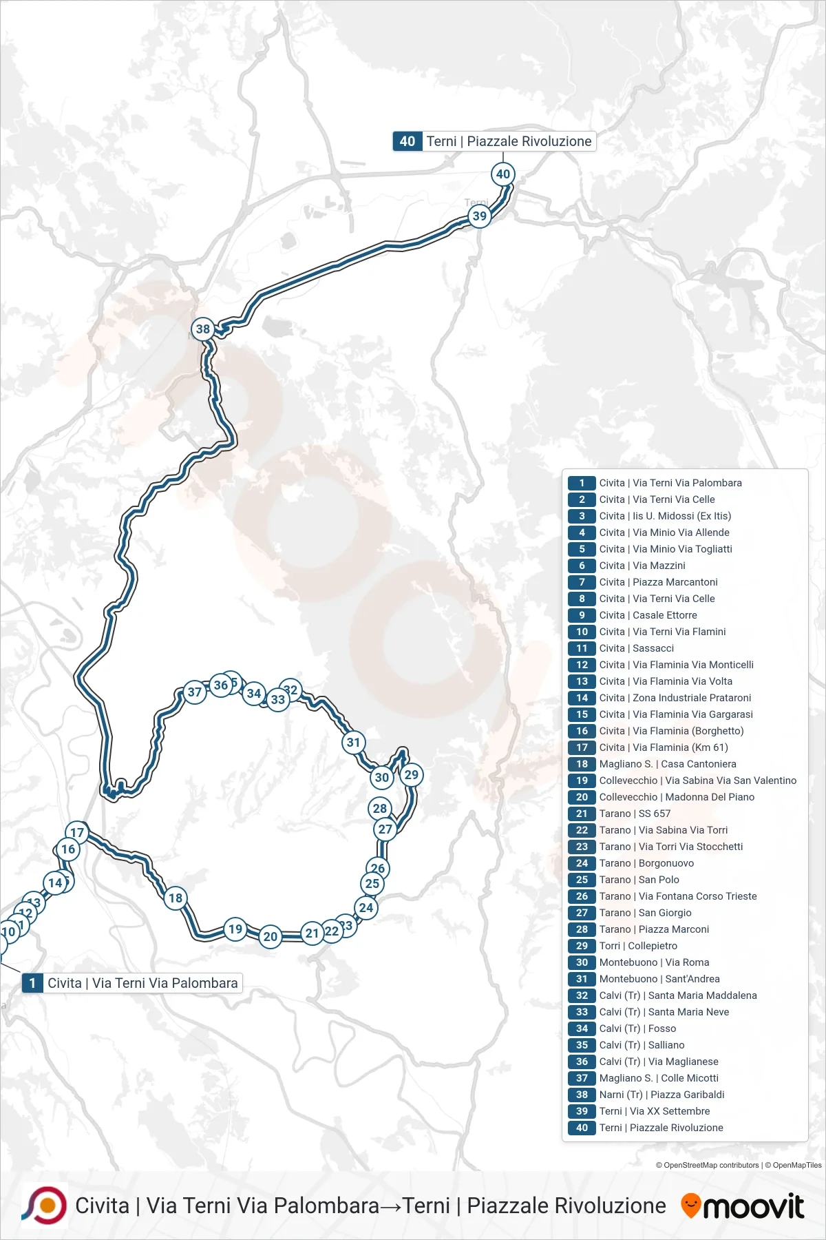 Linea COTRAL  bus (Civita | Via Terni Via Palombara‎→Terni | Piazzale Rivoluzione) - Percorsi e fermate sulla mappa