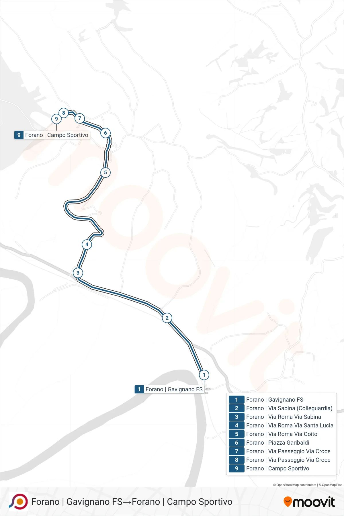 Linea COTRAL bus (Forano | Gavignano FS→Forano | Campo Sportivo) - Percorsi e fermate sulla mappa
