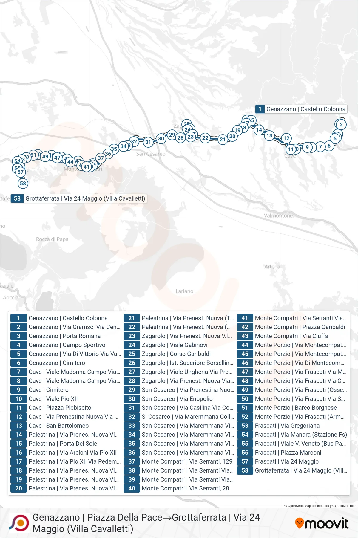 Linea COTRAL bus (Genazzano | Piazza Della Pace→Grottaferrata | Via 24 Maggio (Villa Cavalletti)) - Percorsi e fermate sulla mappa
