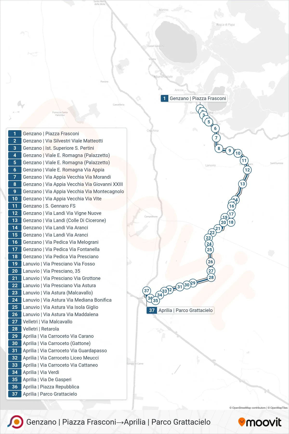 Linea COTRAL bus (Genzano | Piazza Frasconi→Aprilia | Parco Grattacielo) - Percorsi e fermate sulla mappa