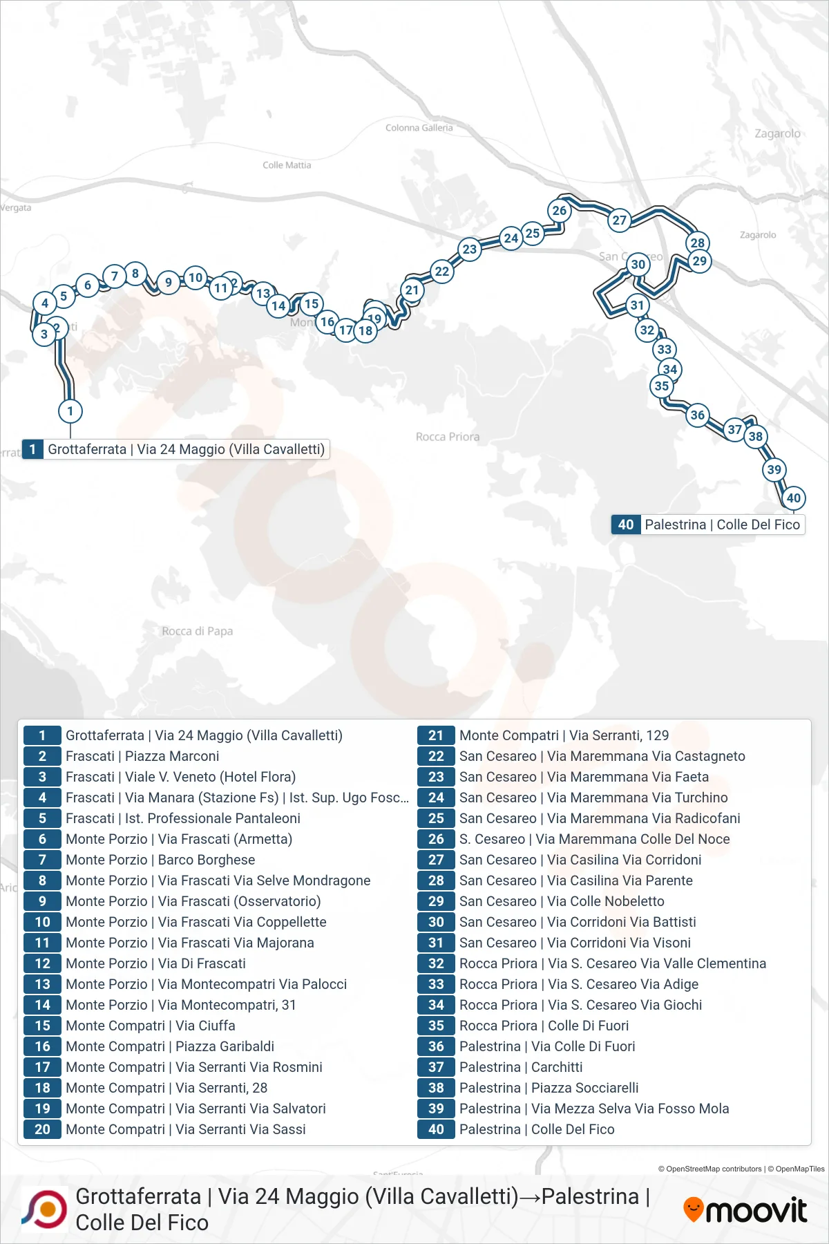 Linea COTRAL bus (Grottaferrata | Via 24 Maggio (Villa Cavalletti)→Palestrina | Colle Del Fico) - Percorsi e fermate sulla mappa