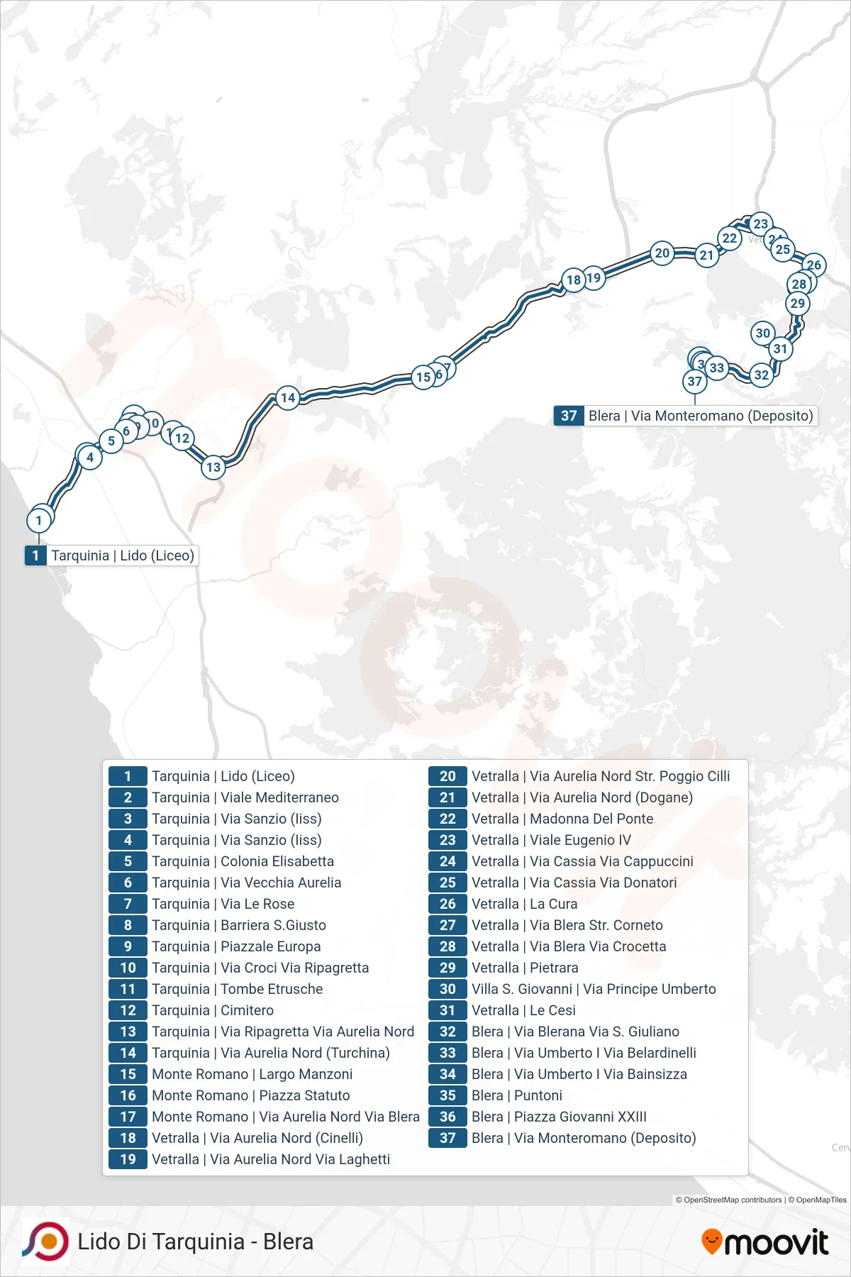 Linea COTRAL bus (Tarquinia | Lido (Liceo)→Blera | Via Monteromano (Deposito)) - Percorsi e fermate sulla mappa