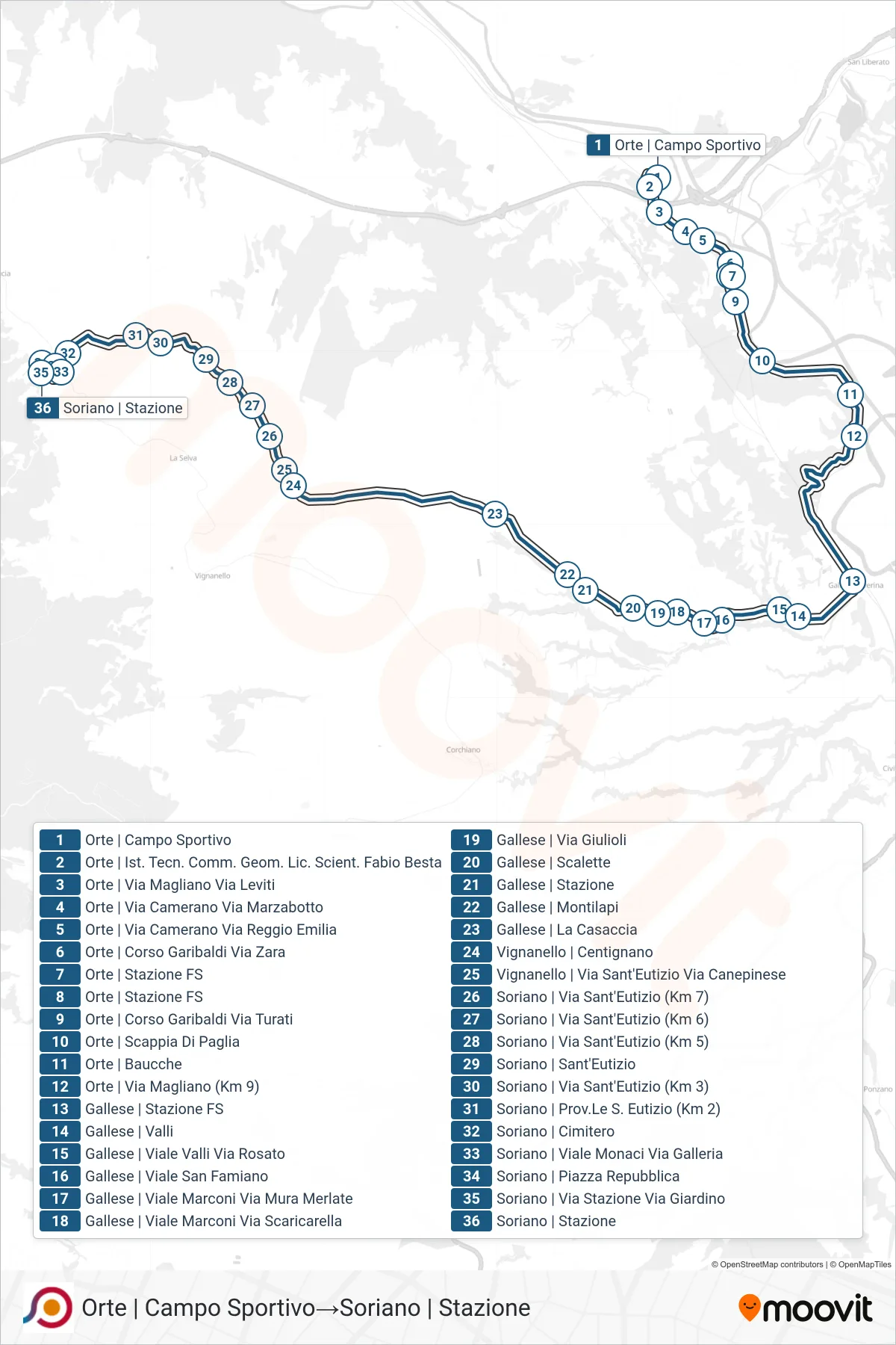 Linea COTRAL bus (Orte | Campo Sportivo→Soriano | Stazione) - Percorsi e fermate sulla mappa