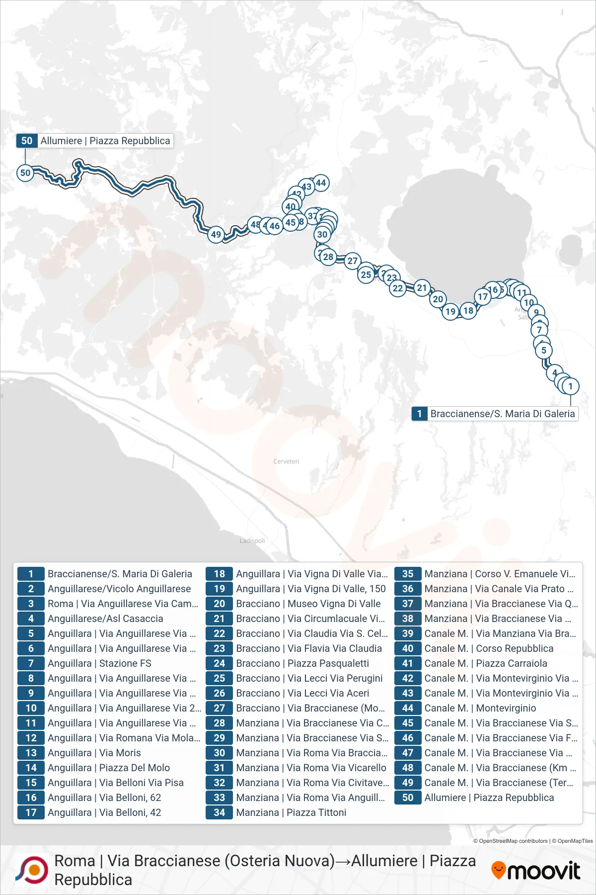 COTRAL bus Line (Rome | Via Braccianese (New Tavern)→Allumiere | Piazza Repubblica) route and stops on a map
