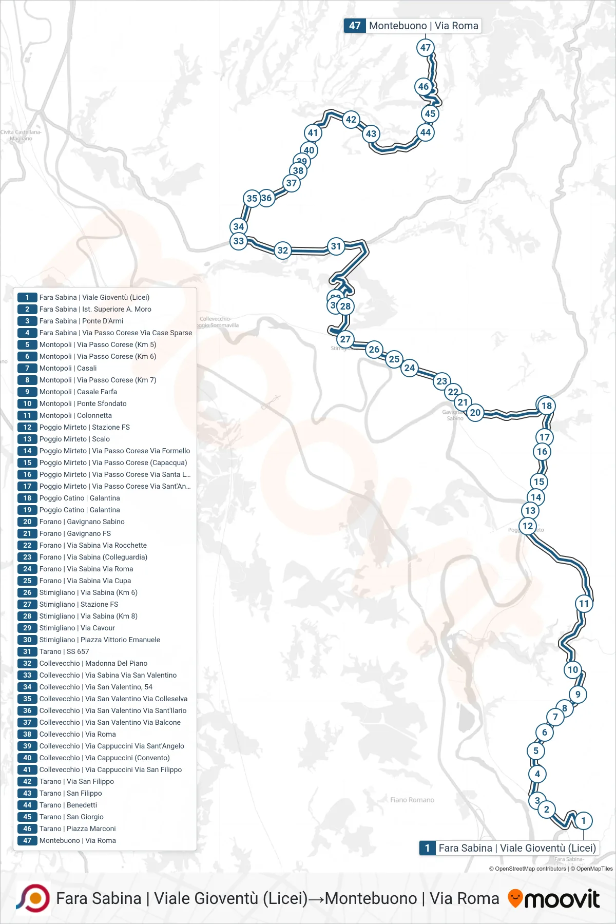 Linea COTRAL bus (Fara Sabina | Viale Gioventù (Licei)→Montebuono | Via Roma) - Percorsi e fermate sulla mappa