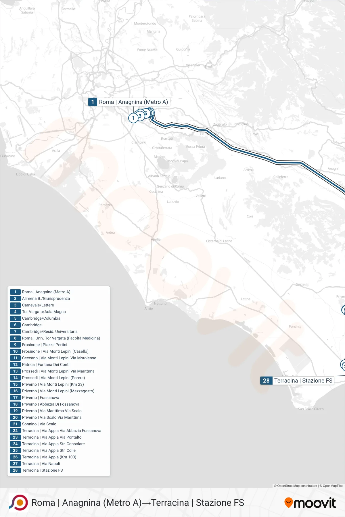 Linea COTRAL bus (Roma | Anagnina (Metro A)→Terracina | Stazione FS) - Percorsi e fermate sulla mappa