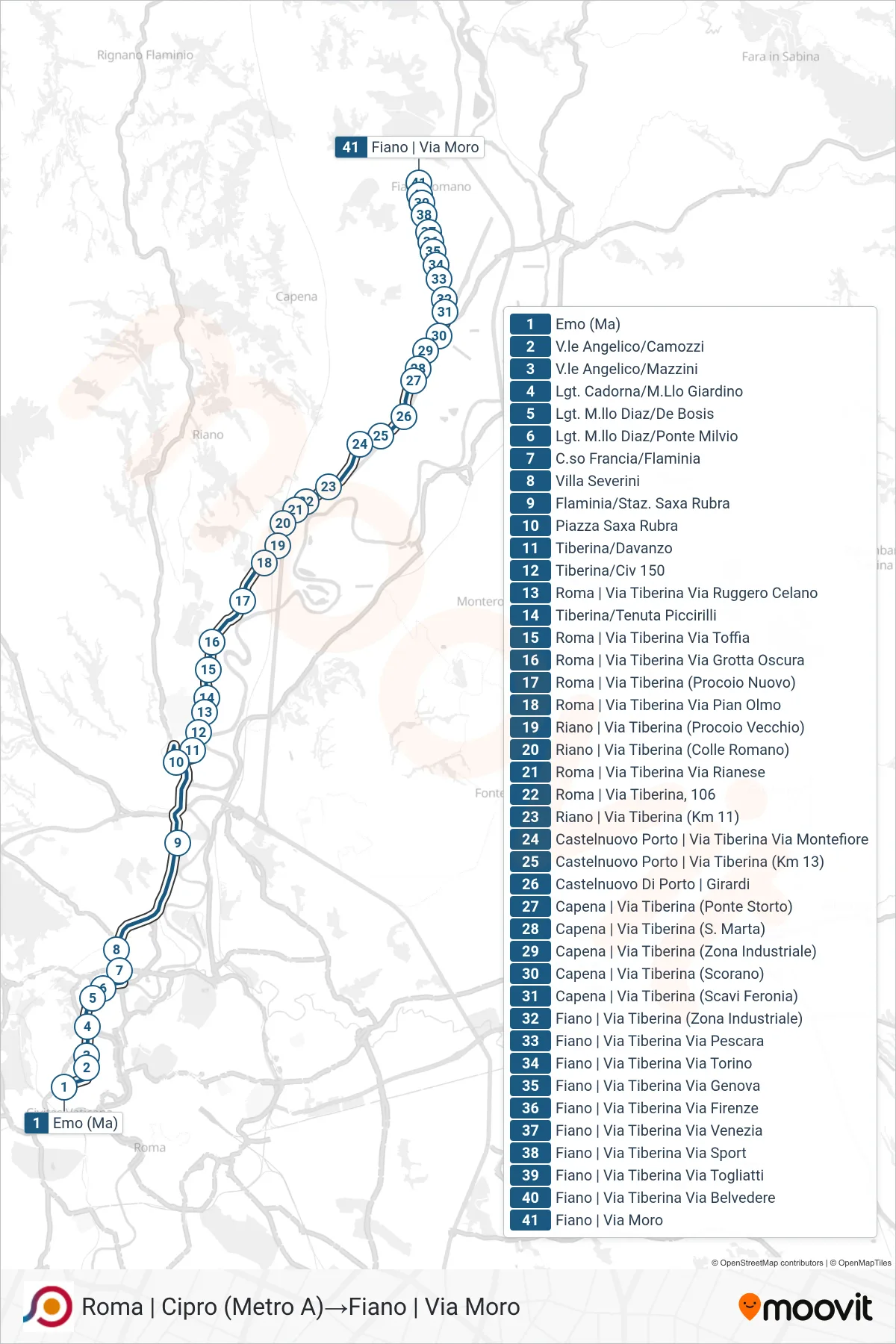 Linea COTRAL bus (Roma | Cipro (Metro A)→Fiano | Via Moro) - Percorsi e fermate sulla mappa