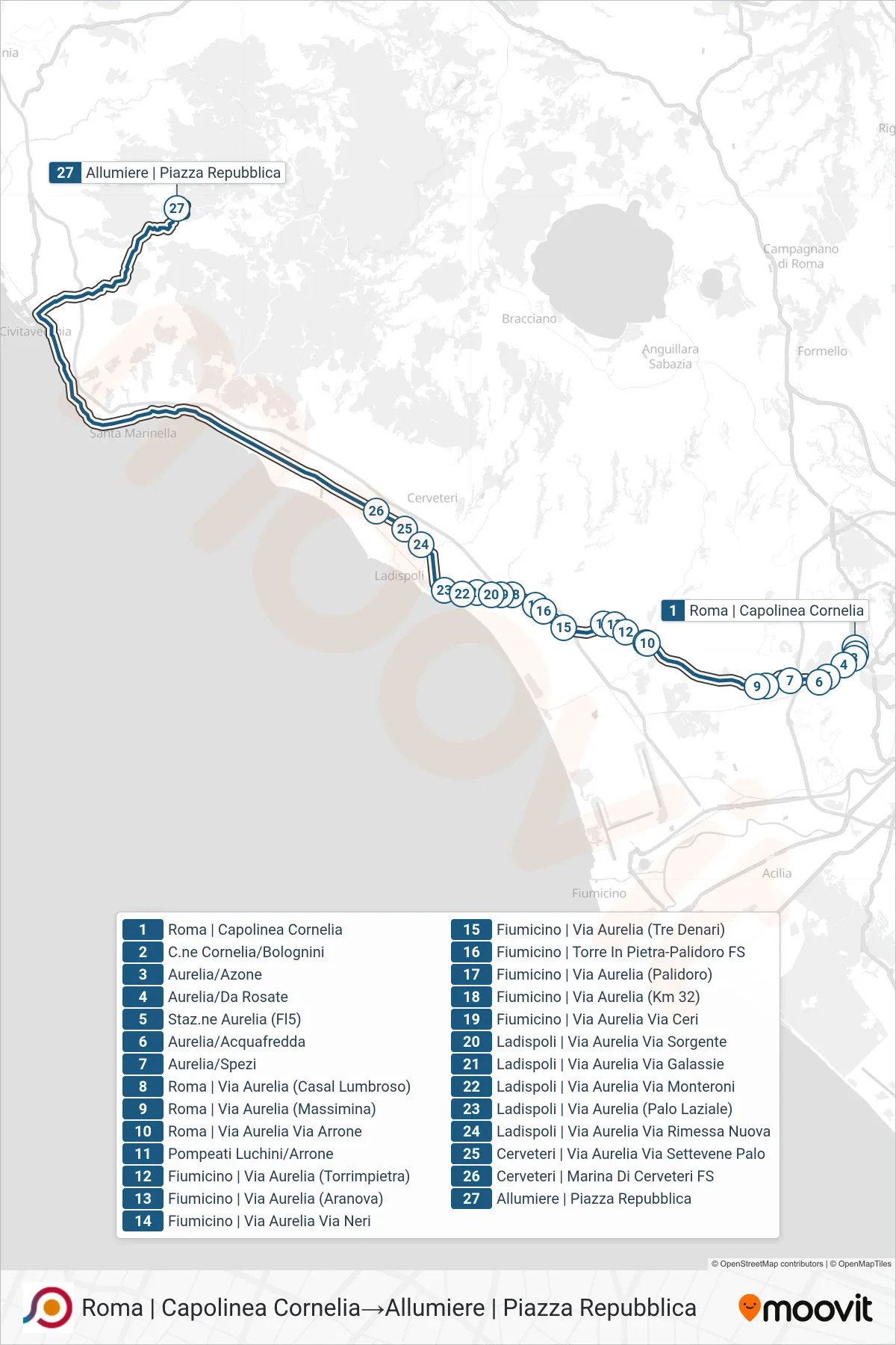 Linea COTRAL bus (Roma | Capolinea Cornelia→Allumiere | Piazza Repubblica) - Percorsi e fermate sulla mappa