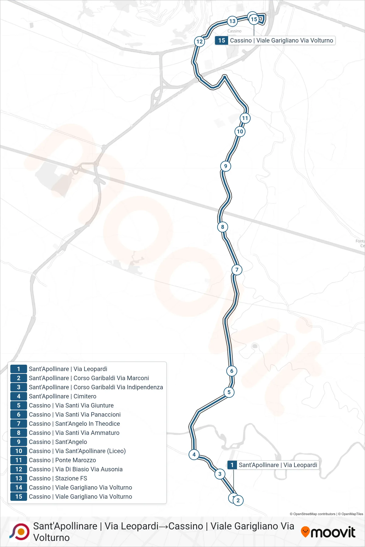 Linea COTRAL bus (Sant'Apollinare | Via Leopardi→Cassino | Viale Garigliano Via Volturno) - Percorsi e fermate sulla mappa