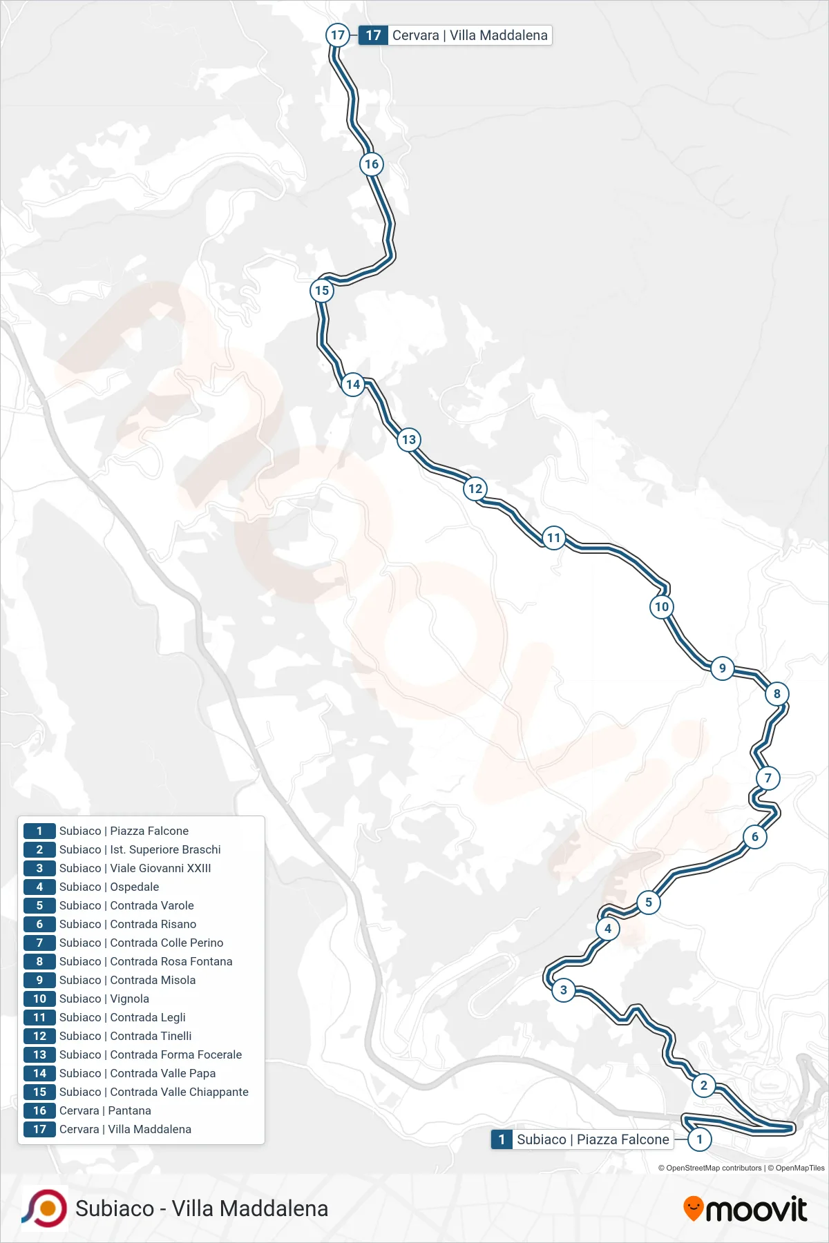Linea COTRAL bus (Subiaco | Piazza Falcone→Cervara | Villa Maddalena) - Percorsi e fermate sulla mappa
