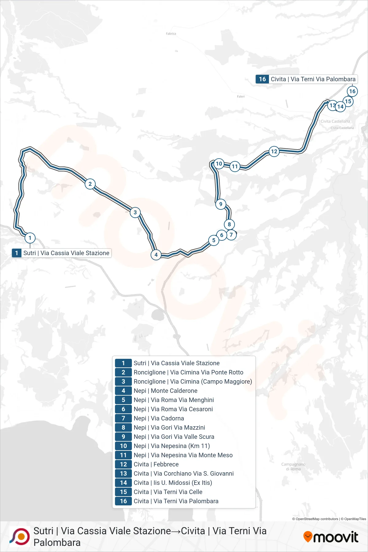 Linea COTRAL bus (Sutri | Via Cassia Viale Stazione→Civita | Via Terni Via Palombara) - Percorsi e fermate sulla mappa