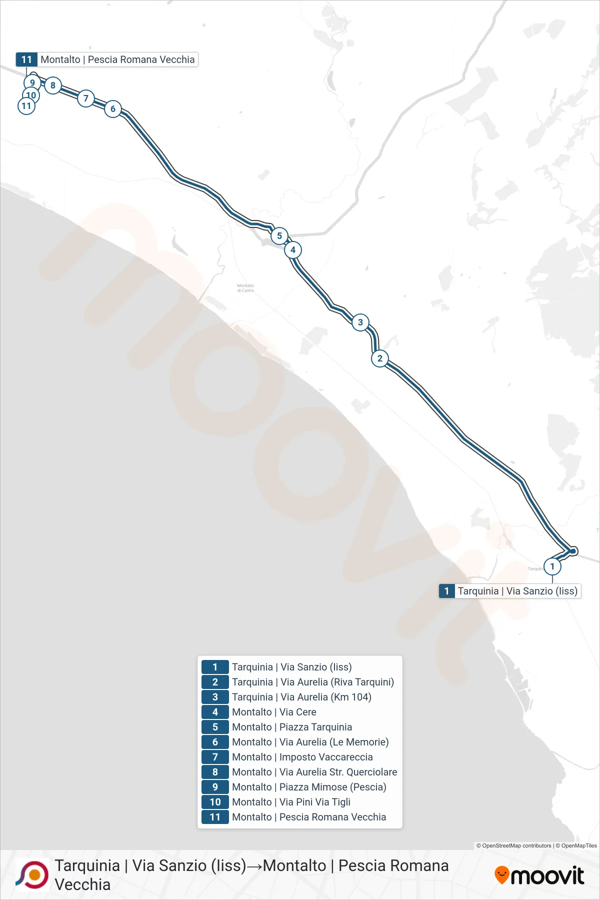Linea COTRAL bus (Tarquinia | Via Sanzio (Iiss)→Montalto | Pescia Romana Vecchia) - Percorsi e fermate sulla mappa