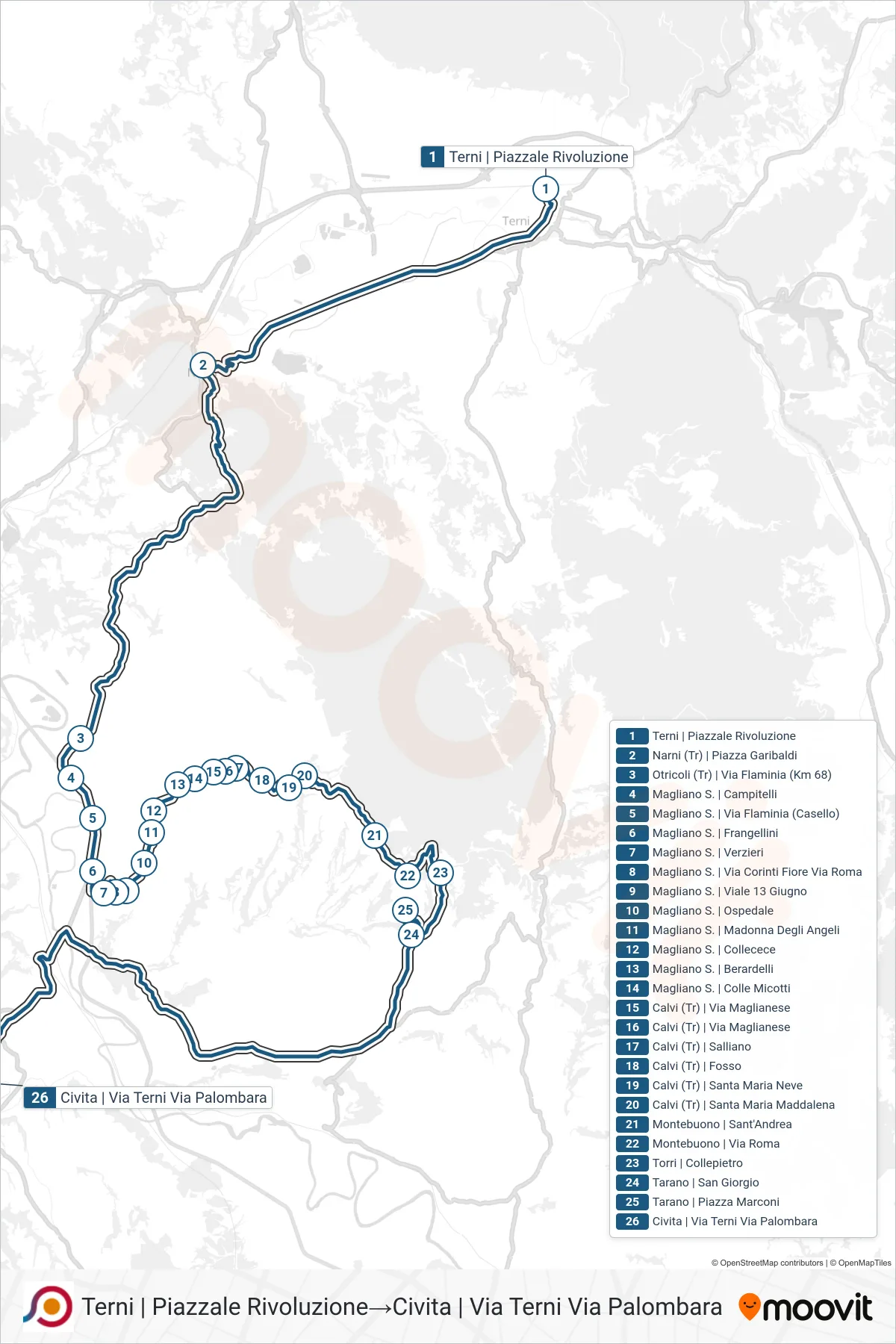 Linea COTRAL bus (Terni | Piazzale Rivoluzione→Civita | Via Terni Via Palombara) - Percorsi e fermate sulla mappa