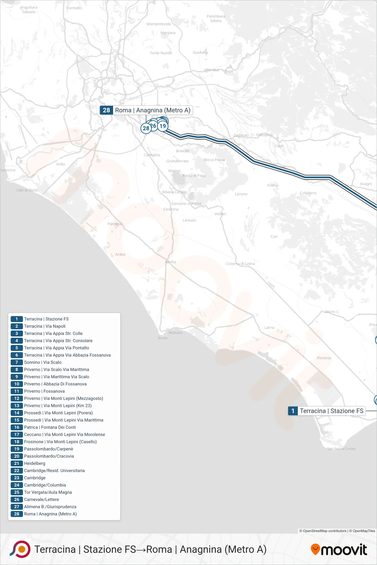 Linea COTRAL bus (Terracina | Stazione FS→Roma | Anagnina (Metro A)) - Percorsi e fermate sulla mappa