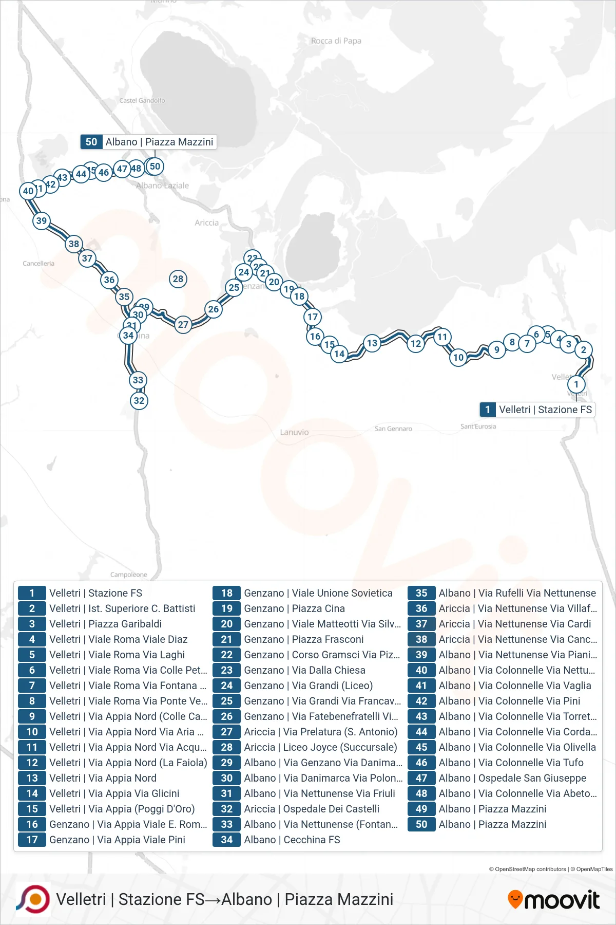 Linea COTRAL bus (Velletri | Stazione FS→Albano | Piazza Mazzini) - Percorsi e fermate sulla mappa