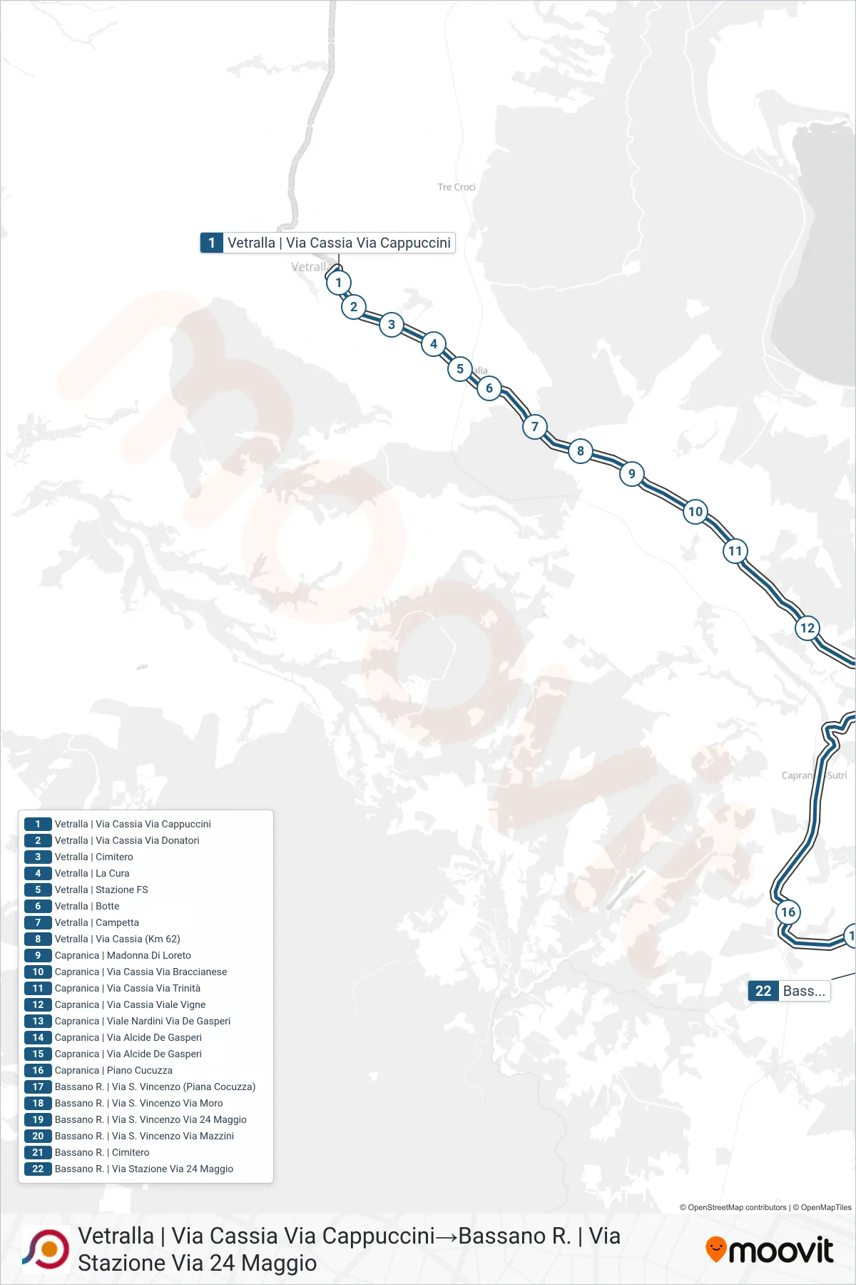Linea COTRAL bus (Vetralla | Via Cassia Via Cappuccini→Bassano R. | Via Stazione Via 24 Maggio) - Percorsi e fermate sulla mappa