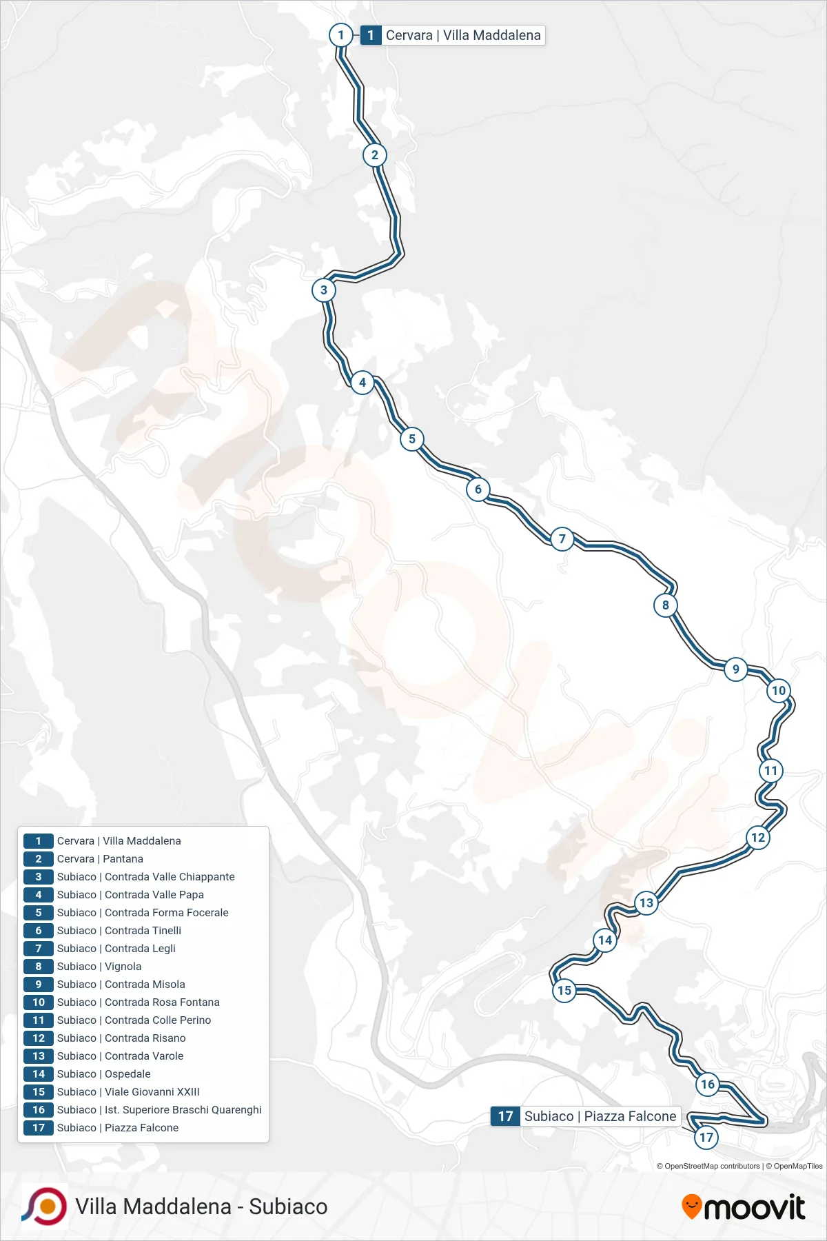 Linea COTRAL bus (Cervara | Villa Maddalena→Subiaco | Piazza Falcone) - Percorsi e fermate sulla mappa