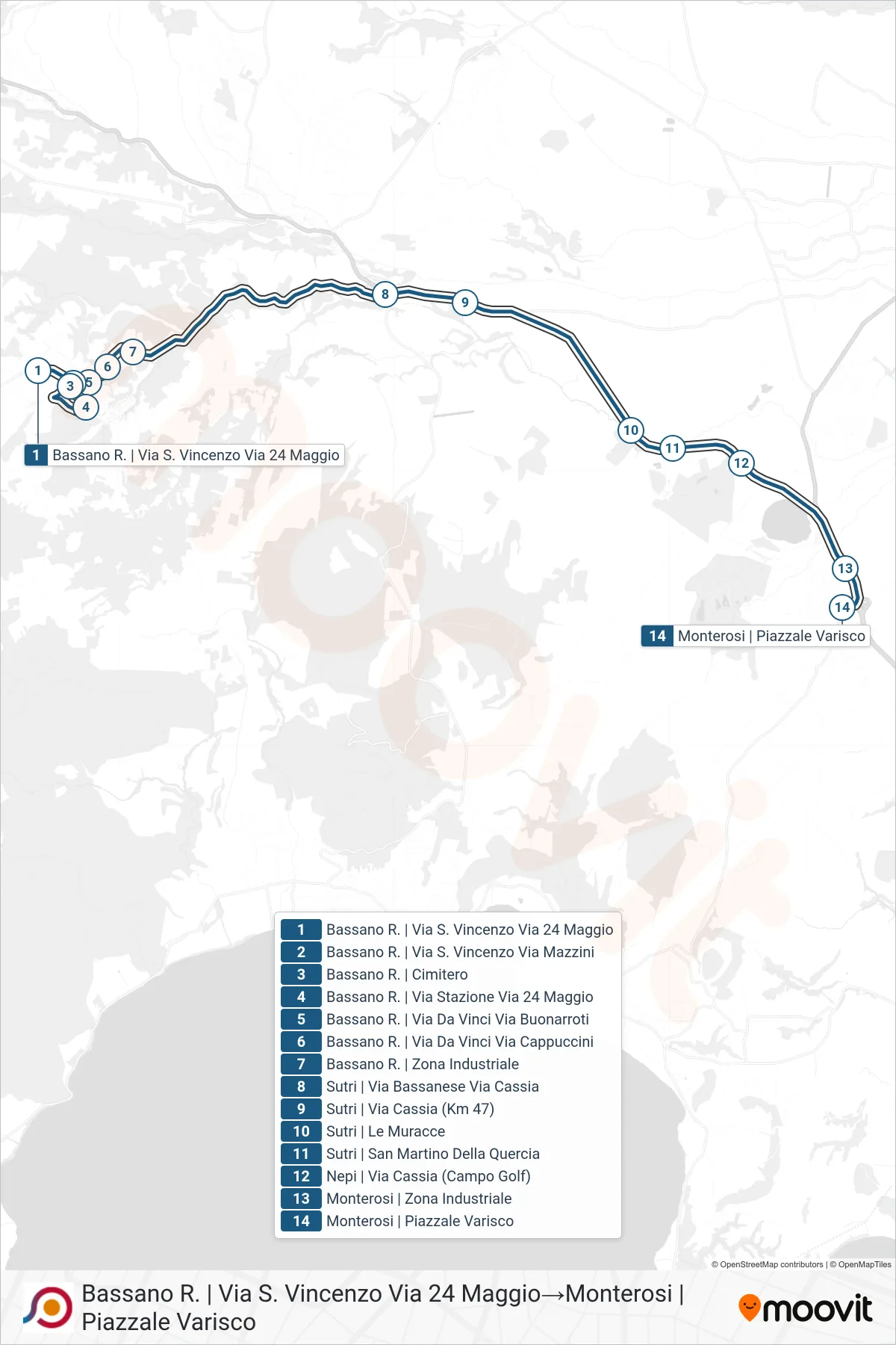 Linea COTRAL bus (Bassano R. | Via S. Vincenzo Via 24 Maggio→Monterosi | Piazzale Varisco) - Percorsi e fermate sulla mappa