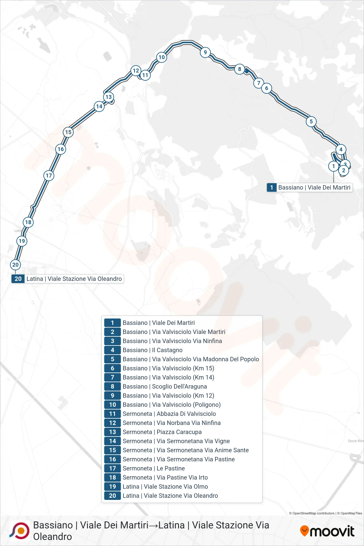 Linea COTRAL bus (Bassiano | Viale Dei Martiri→Latina | Viale Stazione Via Oleandro) - Percorsi e fermate sulla mappa