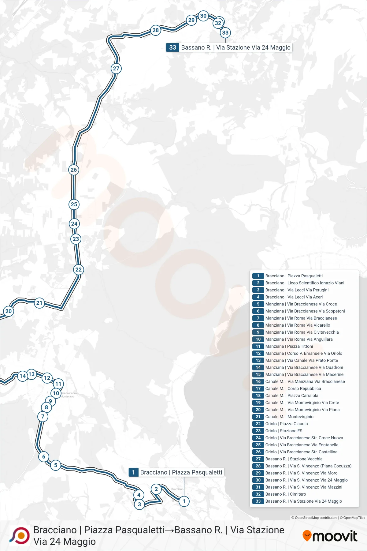 Linea COTRAL bus (Bracciano | Piazza Pasqualetti→Bassano R. | Via Stazione Via 24 Maggio) - Percorsi e fermate sulla mappa