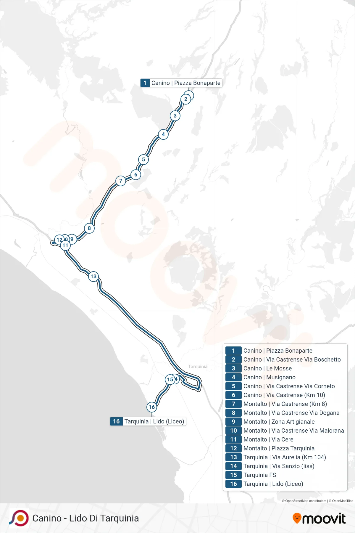 Linea COTRAL bus (Canino | Piazza Bonaparte→Tarquinia | Lido (Liceo)) - Percorsi e fermate sulla mappa