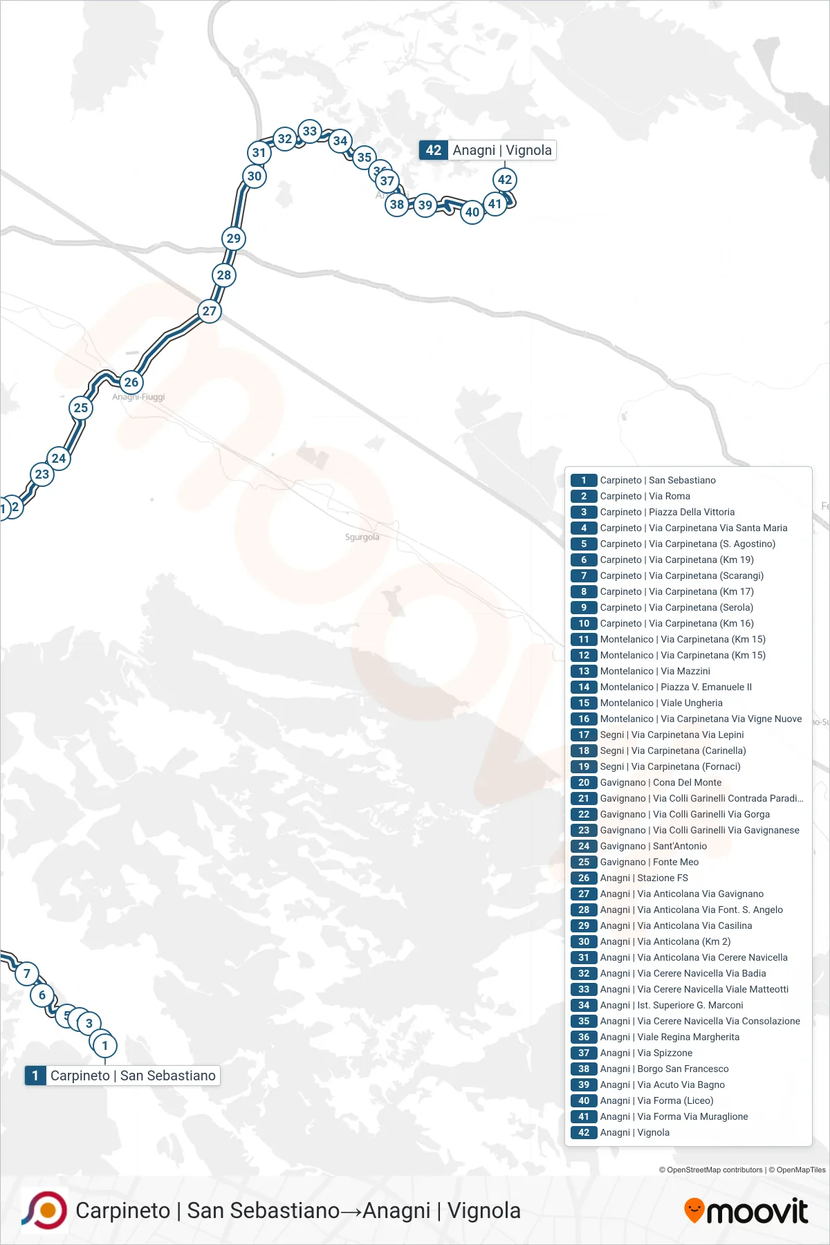 Linea COTRAL bus (Carpineto | San Sebastiano→Anagni | Vignola) - Percorsi e fermate sulla mappa