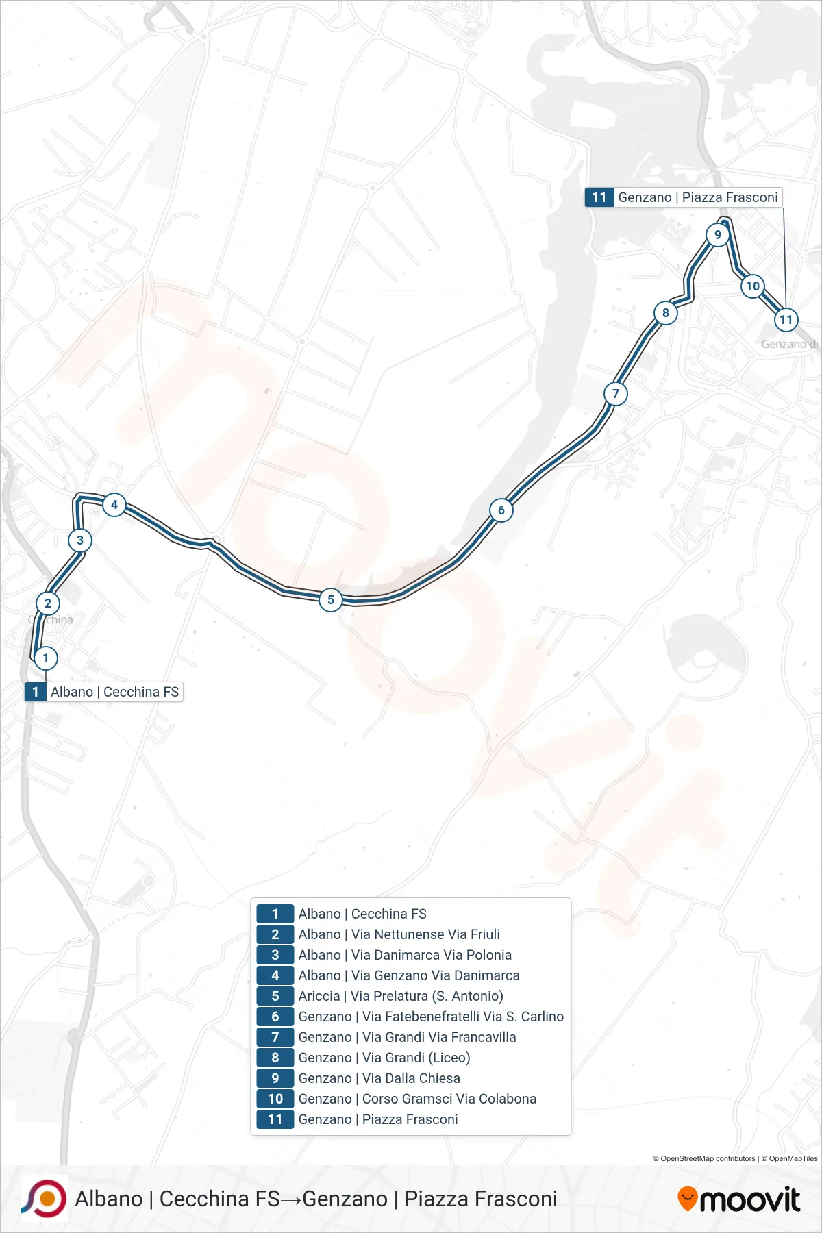 Linea COTRAL  bus (Albano | Cecchina FS‎→Genzano | Piazza Frasconi) - Percorsi e fermate sulla mappa