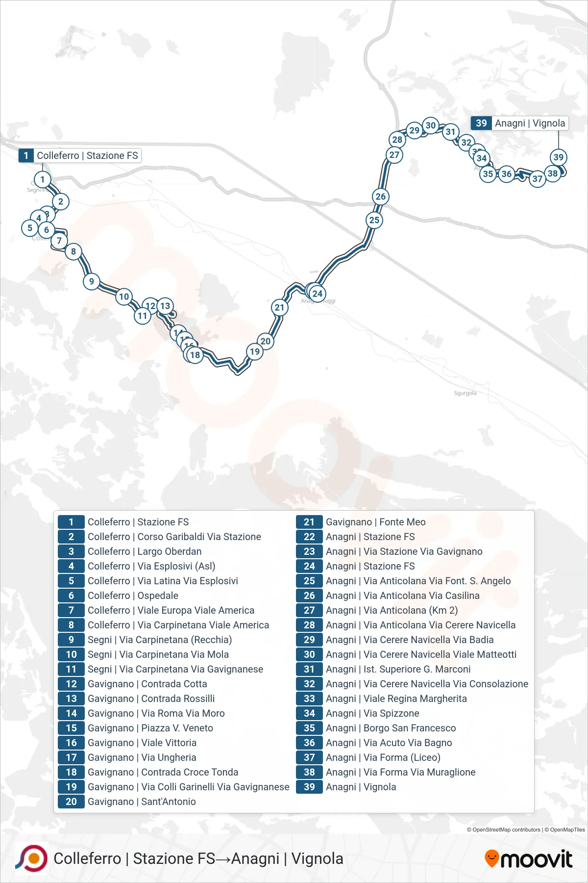 Linea COTRAL bus (Colleferro | Stazione FS→Anagni | Vignola) - Percorsi e fermate sulla mappa
