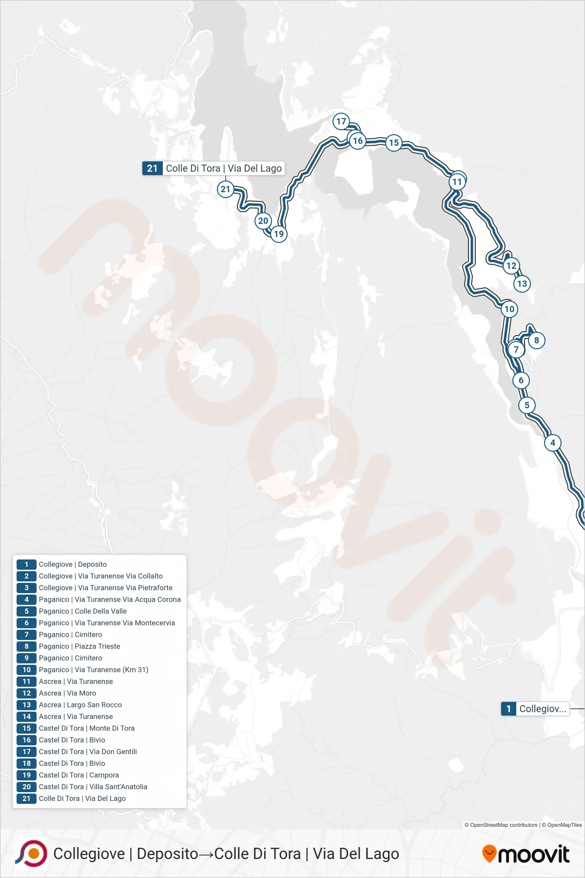 Linea COTRAL bus (Collegiove | Deposito→Colle Di Tora | Via Del Lago) - Percorsi e fermate sulla mappa