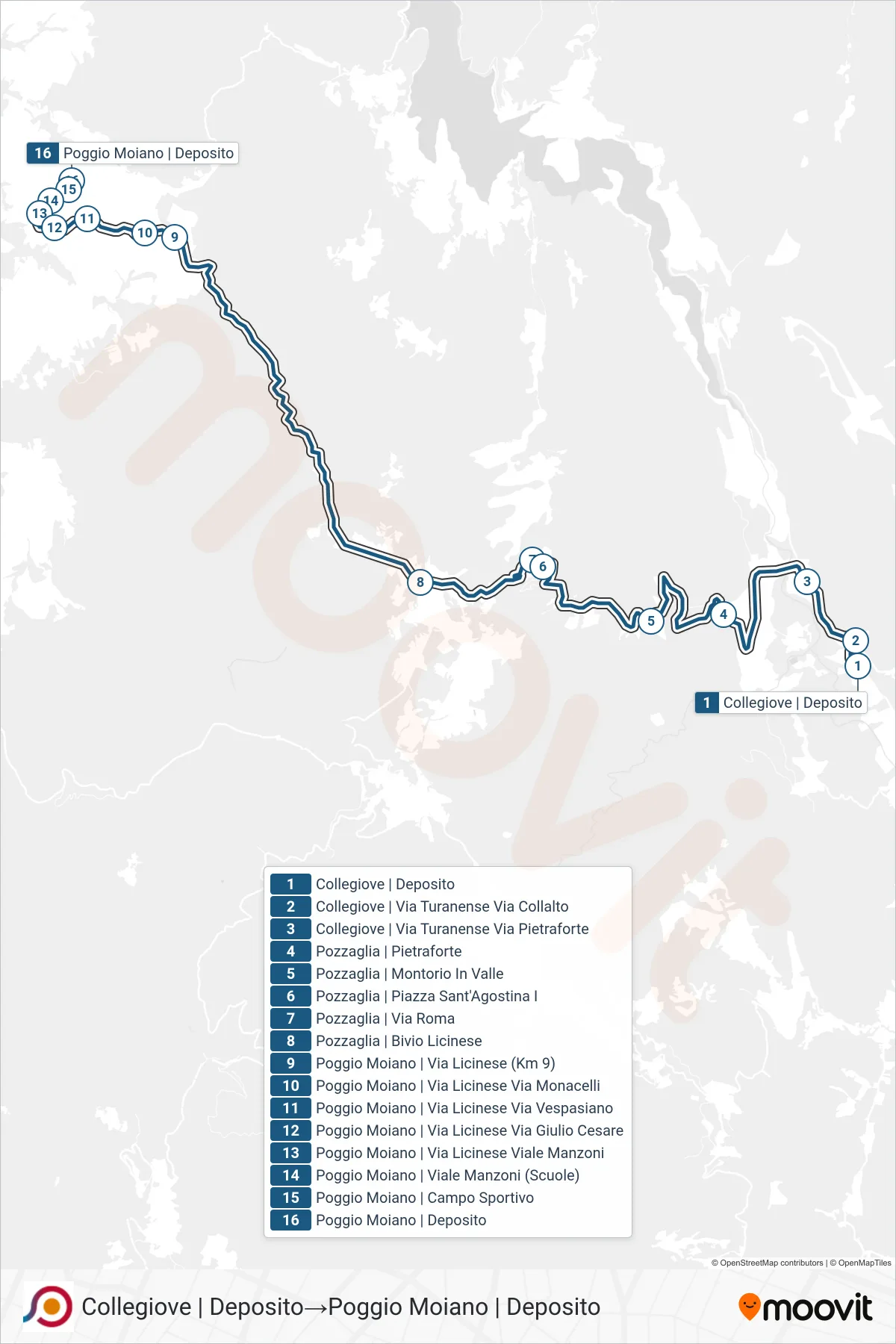 Linea COTRAL bus (Collegiove | Deposito→Poggio Moiano | Deposito) - Percorsi e fermate sulla mappa