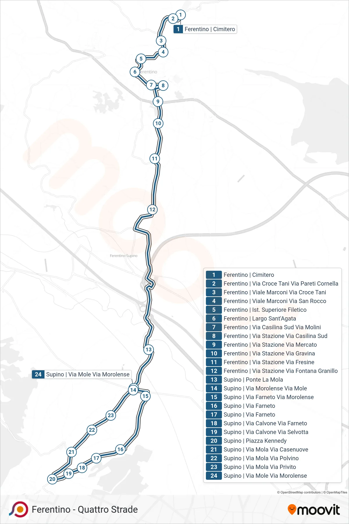Linea COTRAL bus (Ferentino | Cimitero→Supino | Via Mole Via Morolense) - Percorsi e fermate sulla mappa