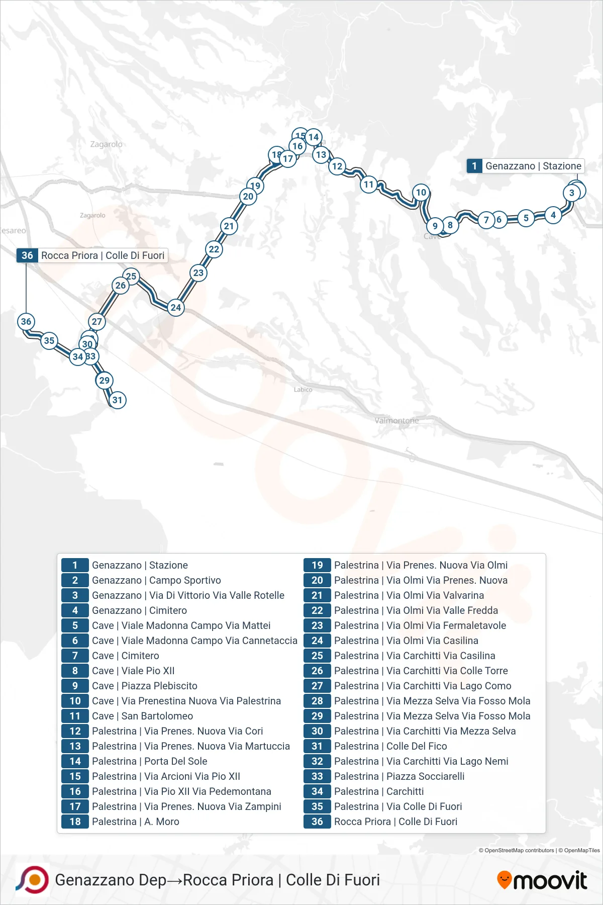 Linea COTRAL bus (Genazzano Dep→Rocca Priora | Colle Di Fuori) - Percorsi e fermate sulla mappa